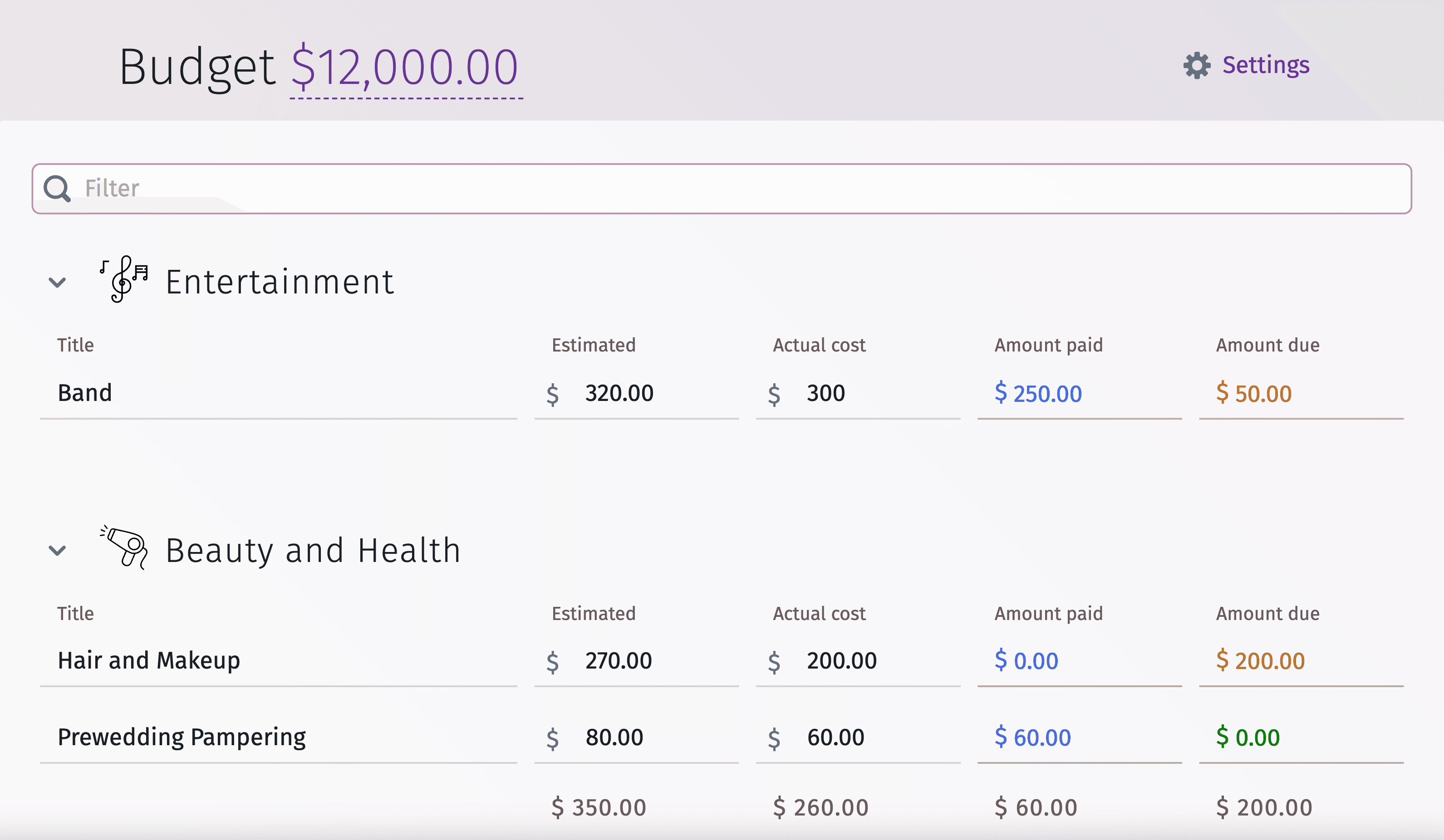 Exemplu de calculator de buget de nuntă