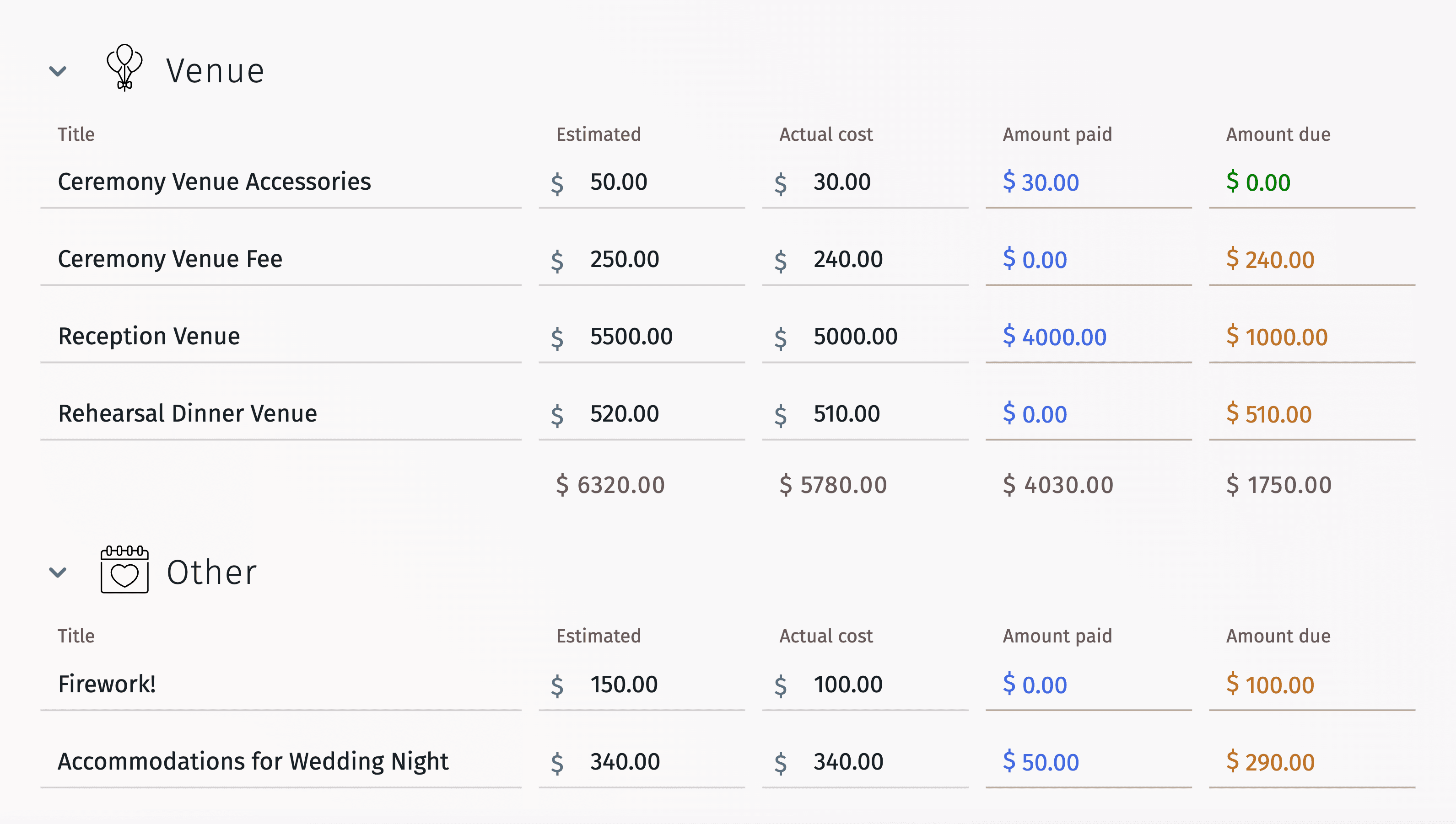 Illustration of wedding budget template