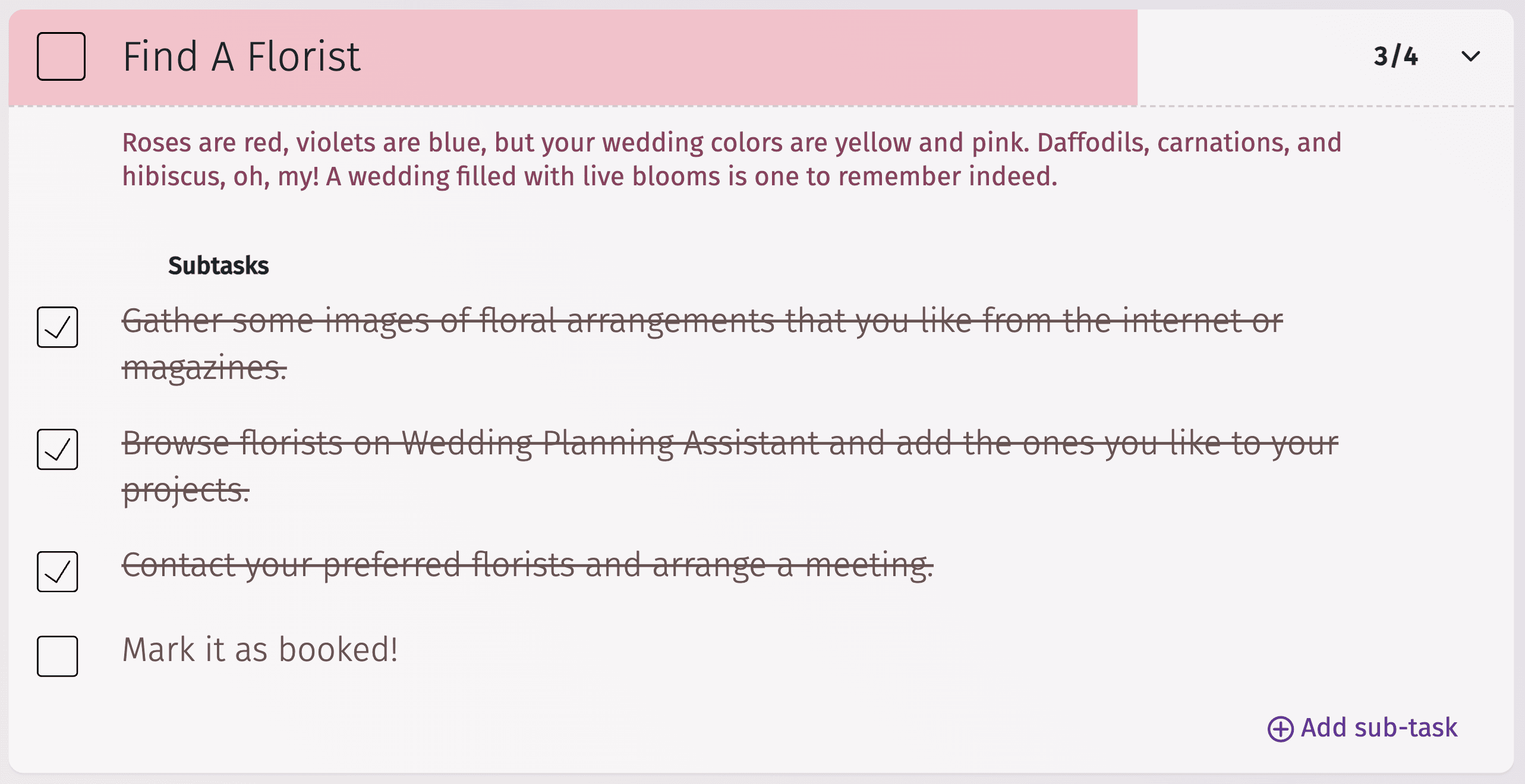 Interfaz de la lista de comprobación de la decoración de la boda