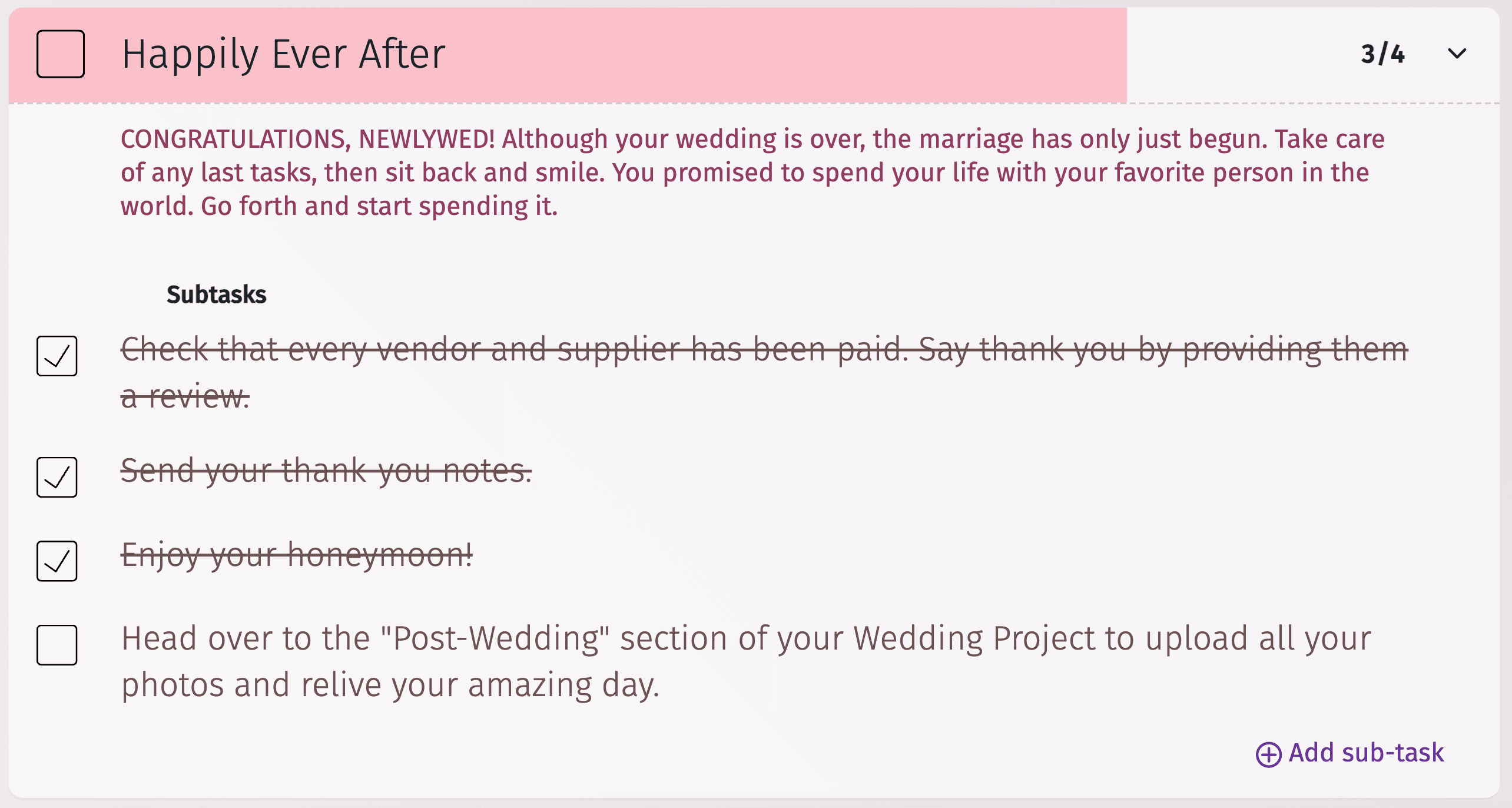 Interface da lista de controlo da receção do casamento