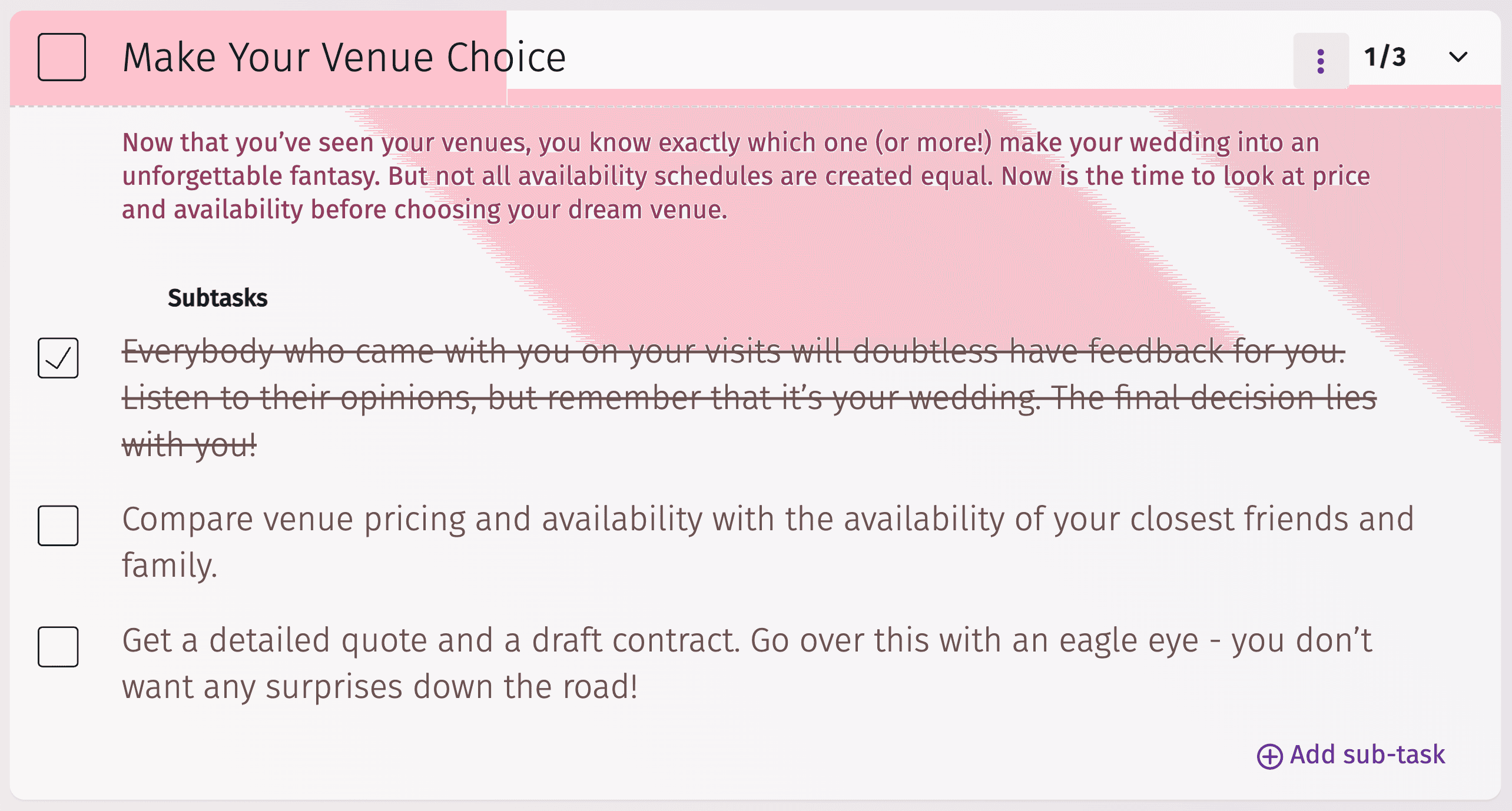 Interface da lista de verificação do registo de casamento