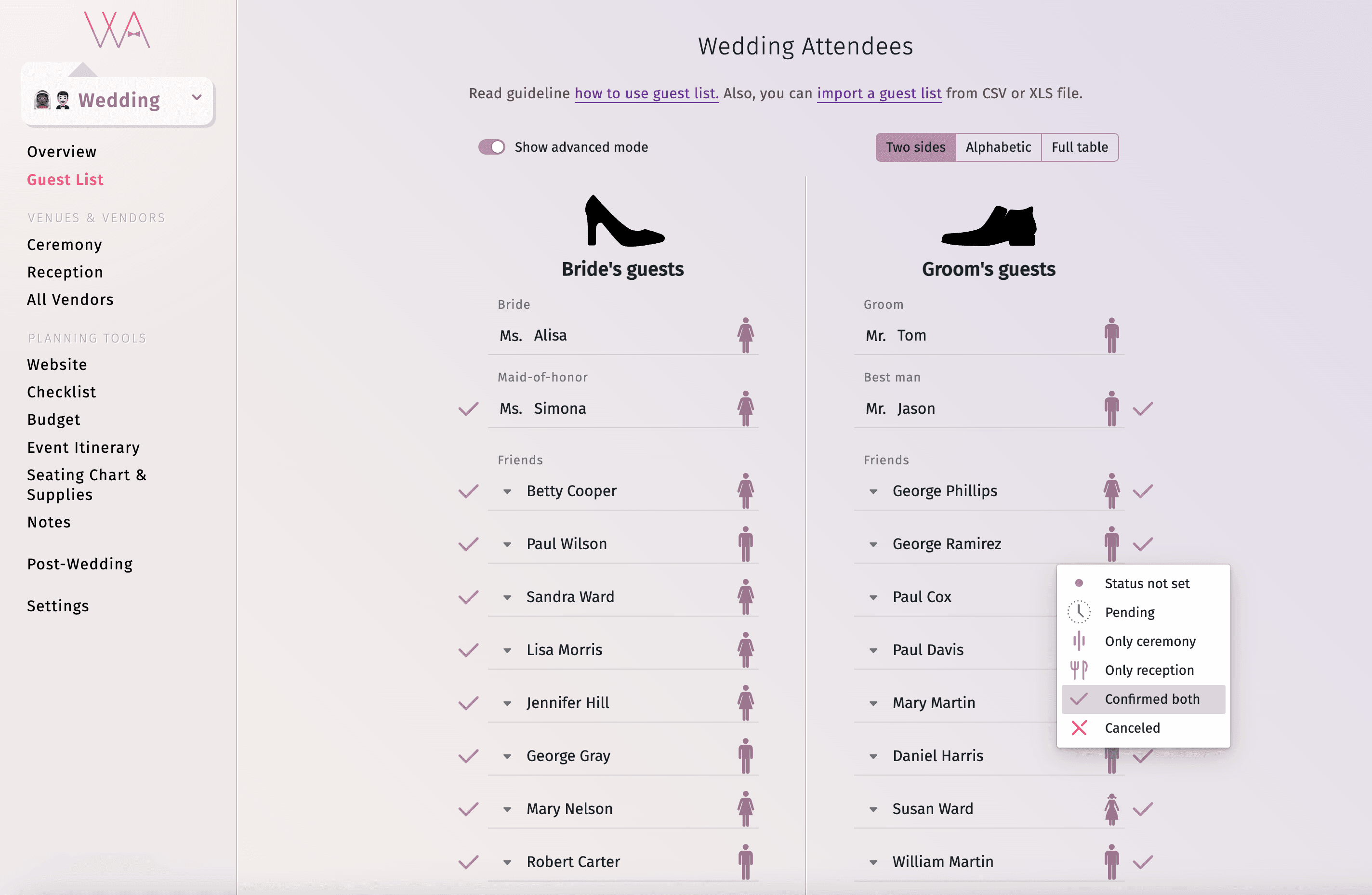 Interface professionnelle d'une application de liste d'invités pour un mariage, présentant des fonctionnalités clés telles que le suivi des RSVP et la catégorisation des invités.