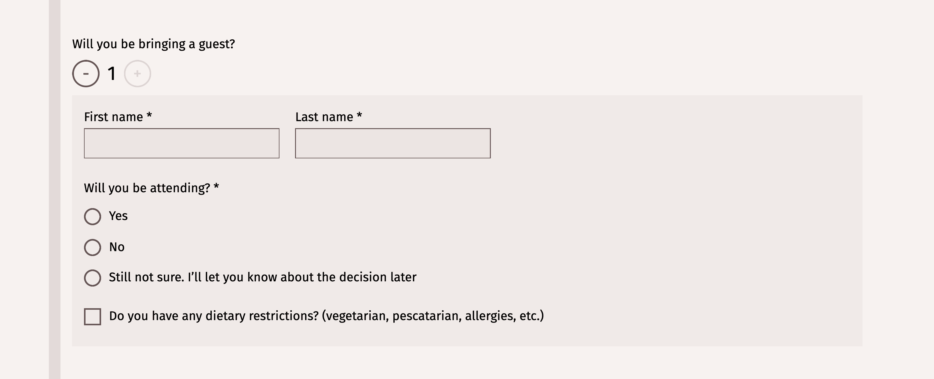 Minimalistická stránka RSVP s čistými liniemi a moderní typografií