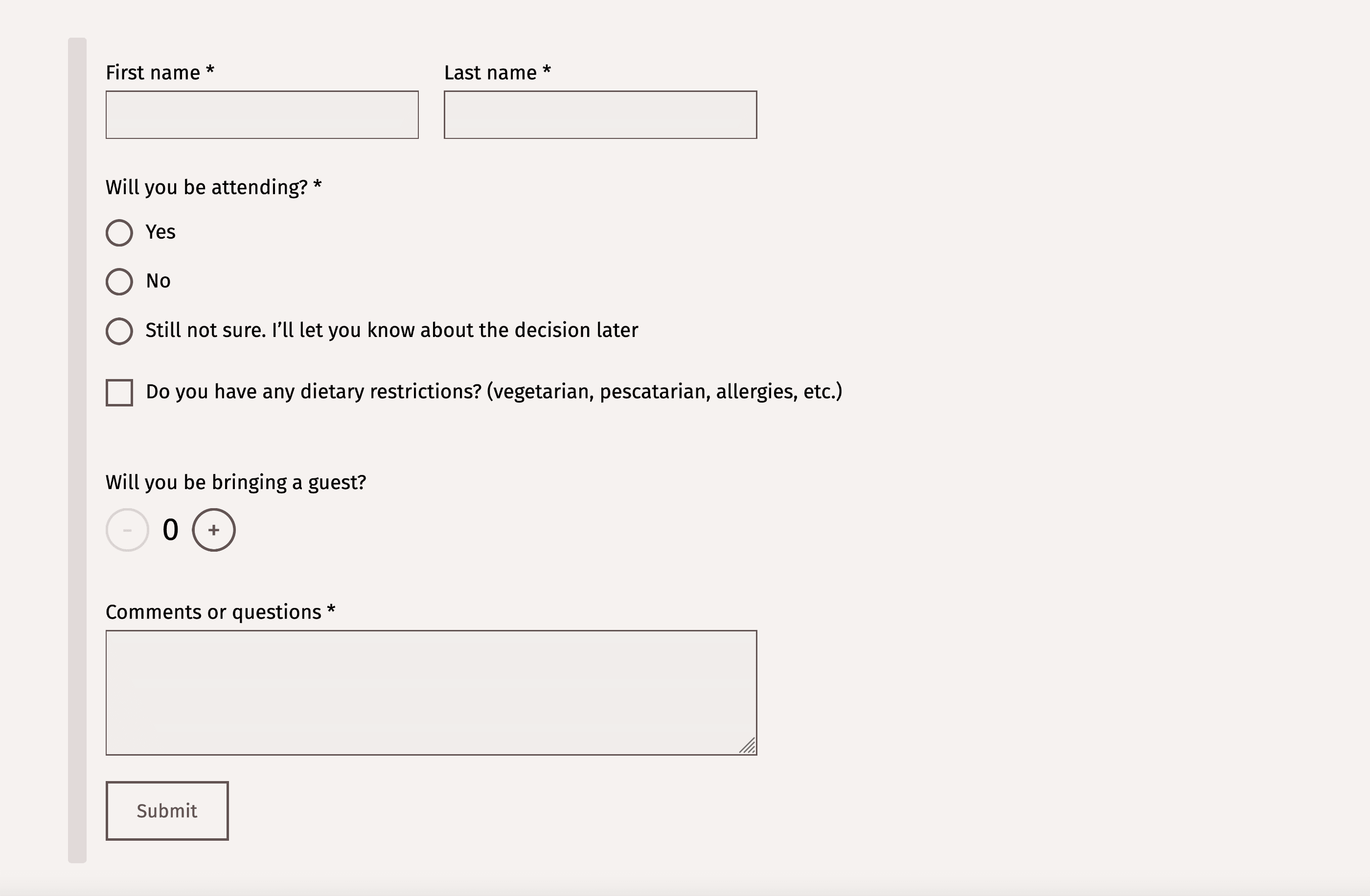 Stylish digital RSVP form displayed on a wedding website