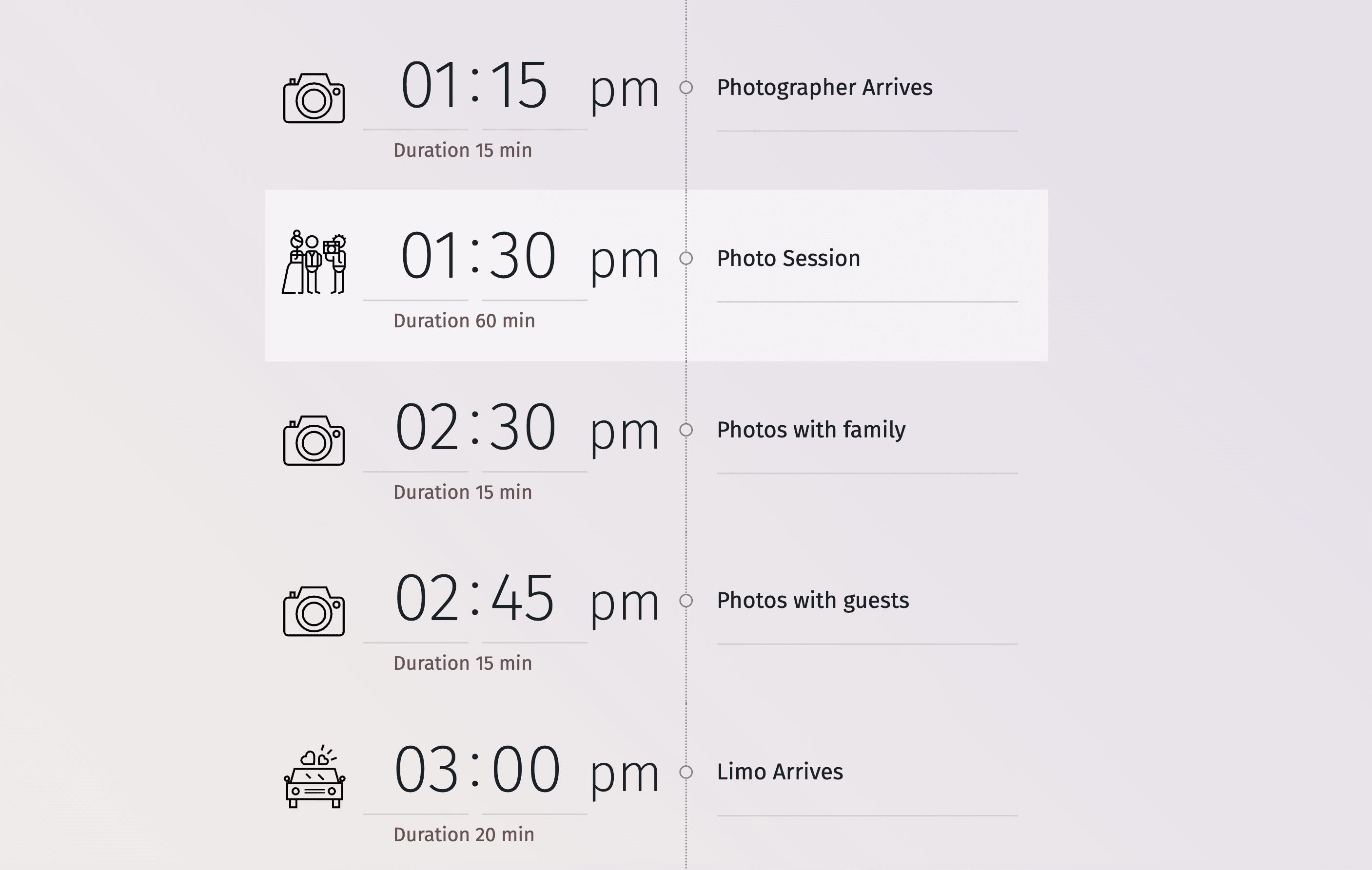 Anschauliches Beispiel eines Zeitplans für den Hochzeitstag, von den Vorbereitungen am Morgen bis zum Empfang am Abend.