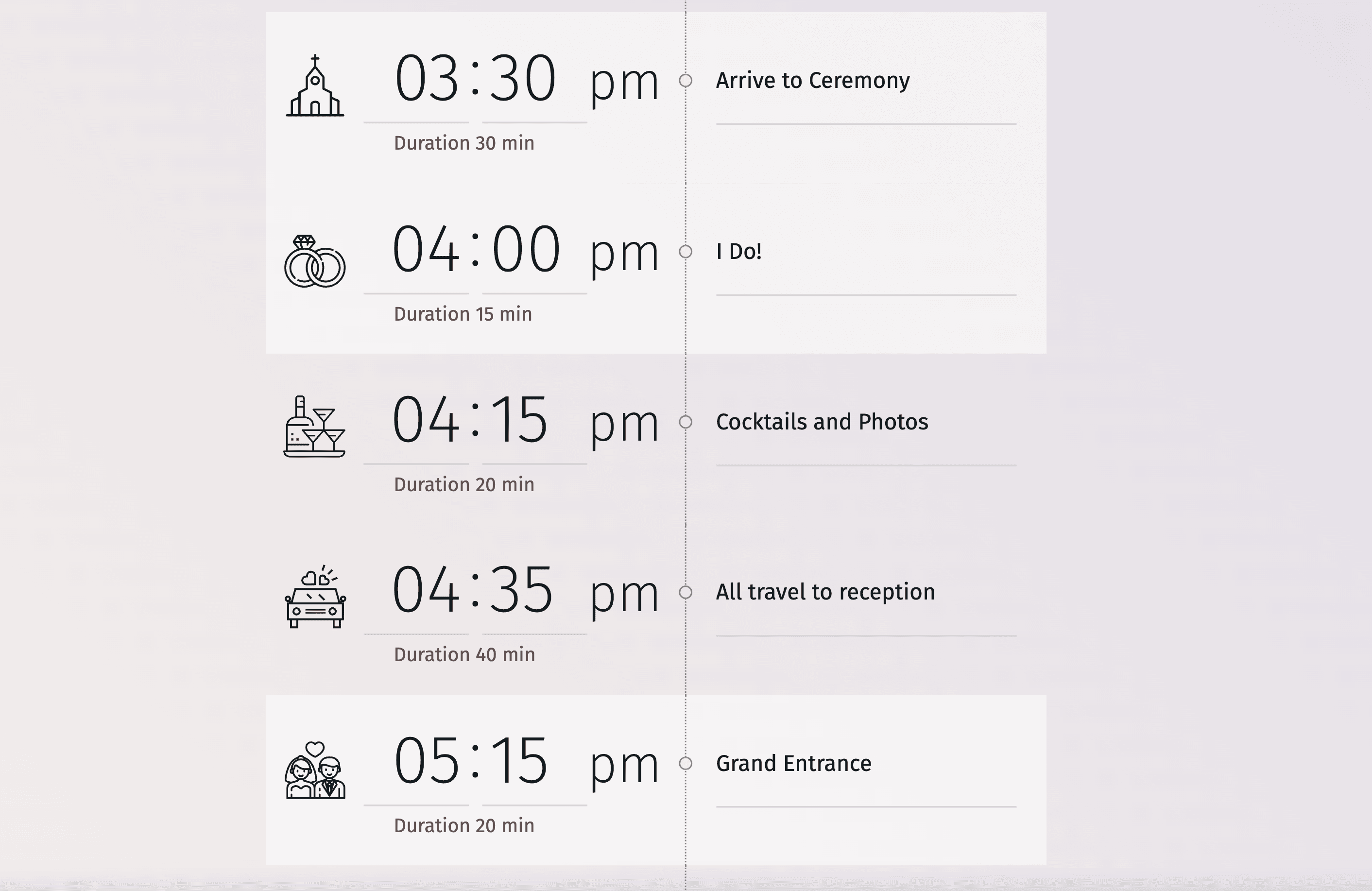 Visuaalinen esimerkki tyypillisestä hääaikataulusta, jossa korostetaan keskeisiä hetkiä ja toimintoja.