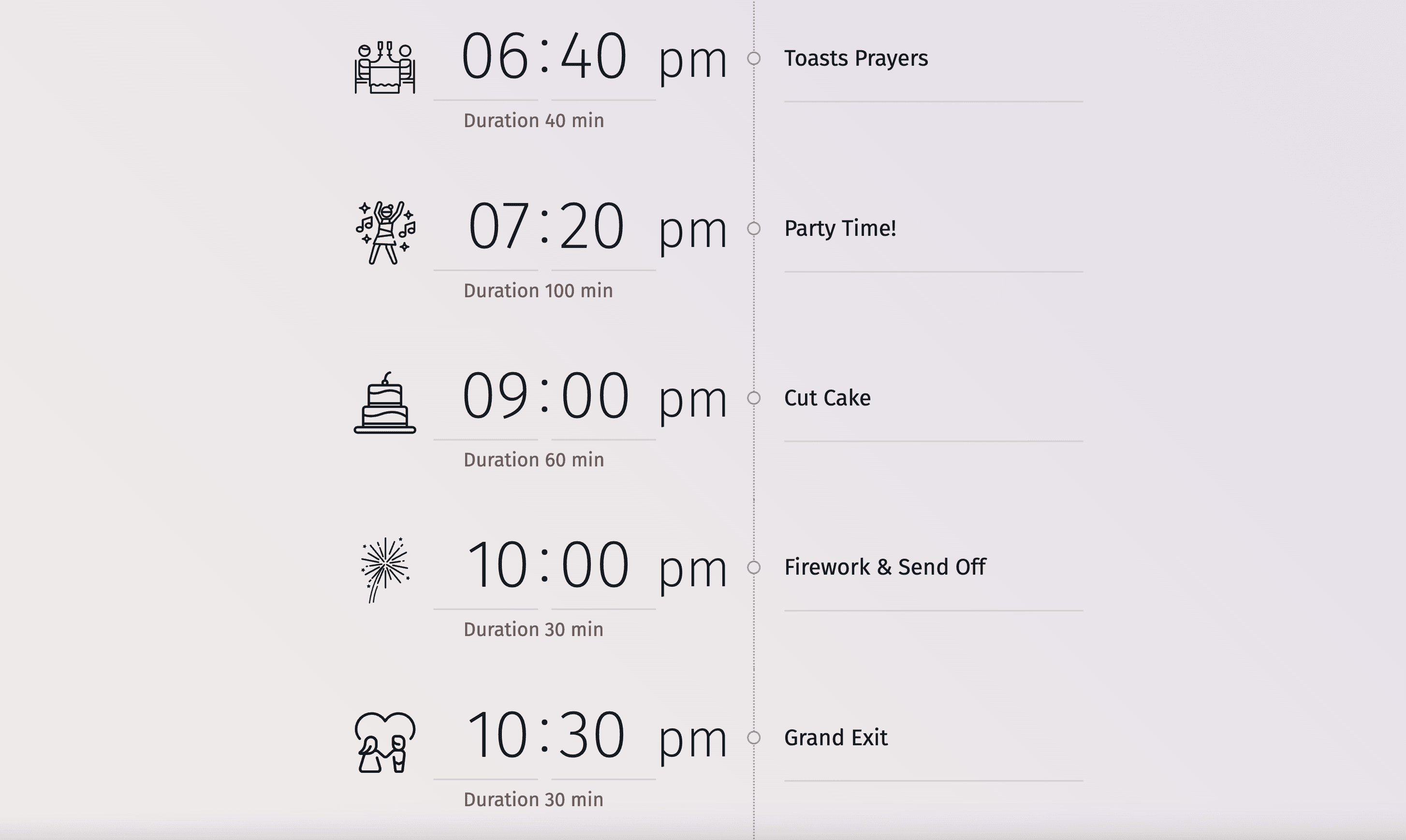 Représentation graphique d'un exemple de programme d'une journée de mariage, indiquant les créneaux horaires pour les cérémonies et les célébrations.