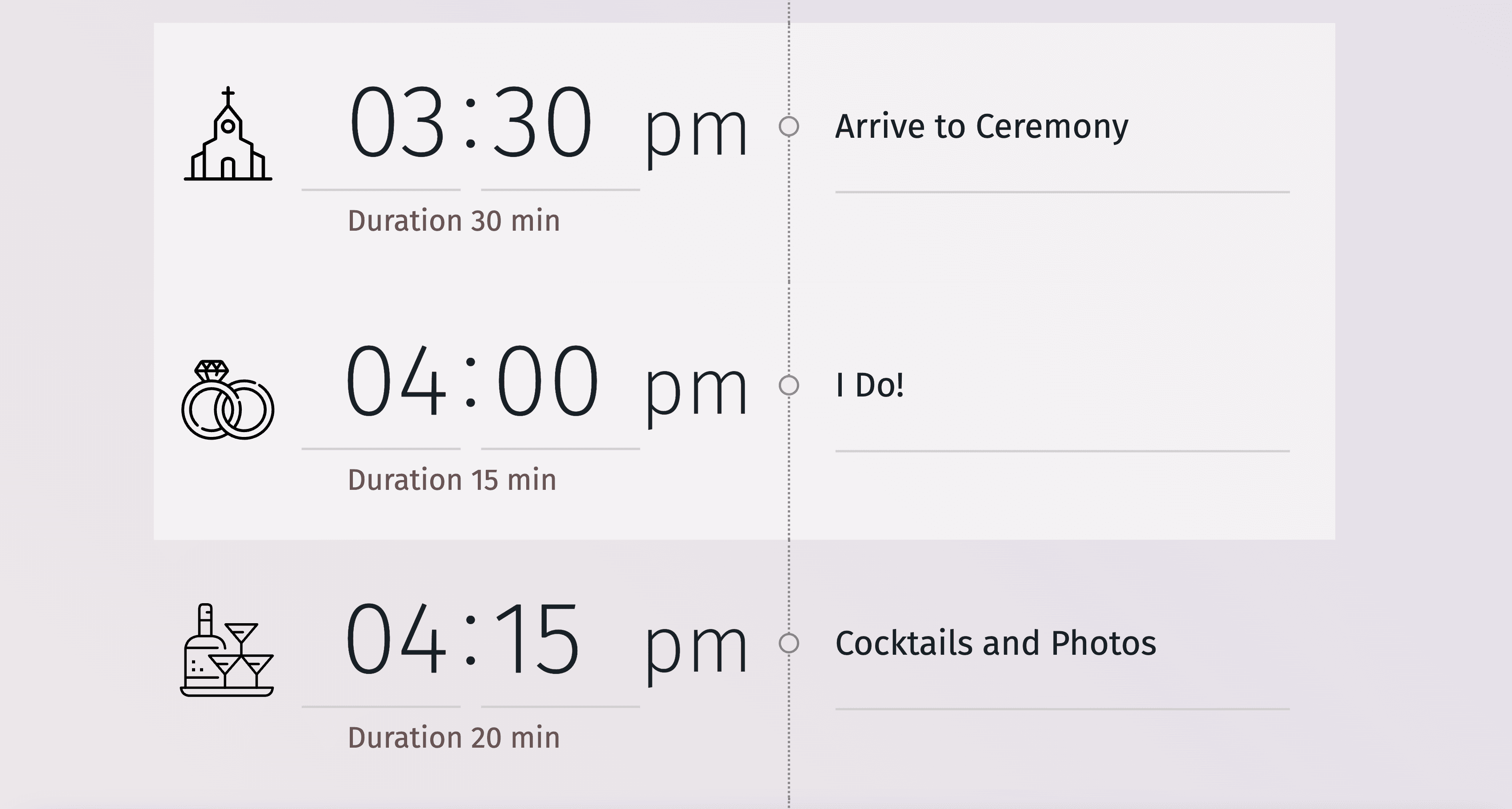 Programme détaillé d'une réception de mariage typique avec les créneaux horaires alloués.