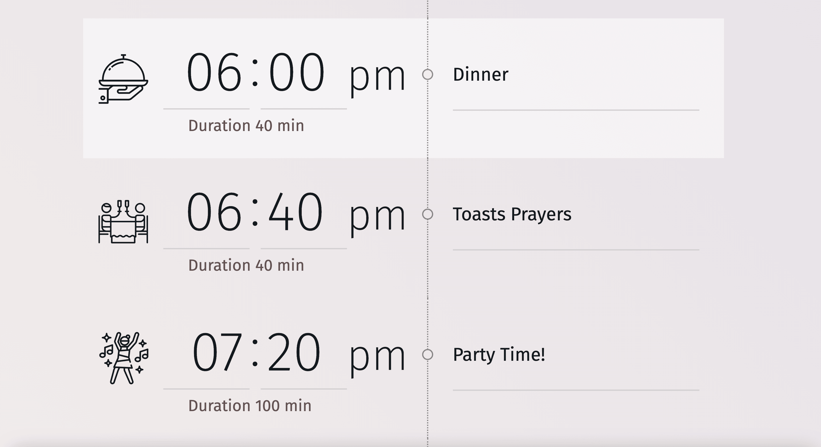 Muster für einen Hochzeitszeitplan mit Platzhaltern für die Zeremonie und den Empfang.