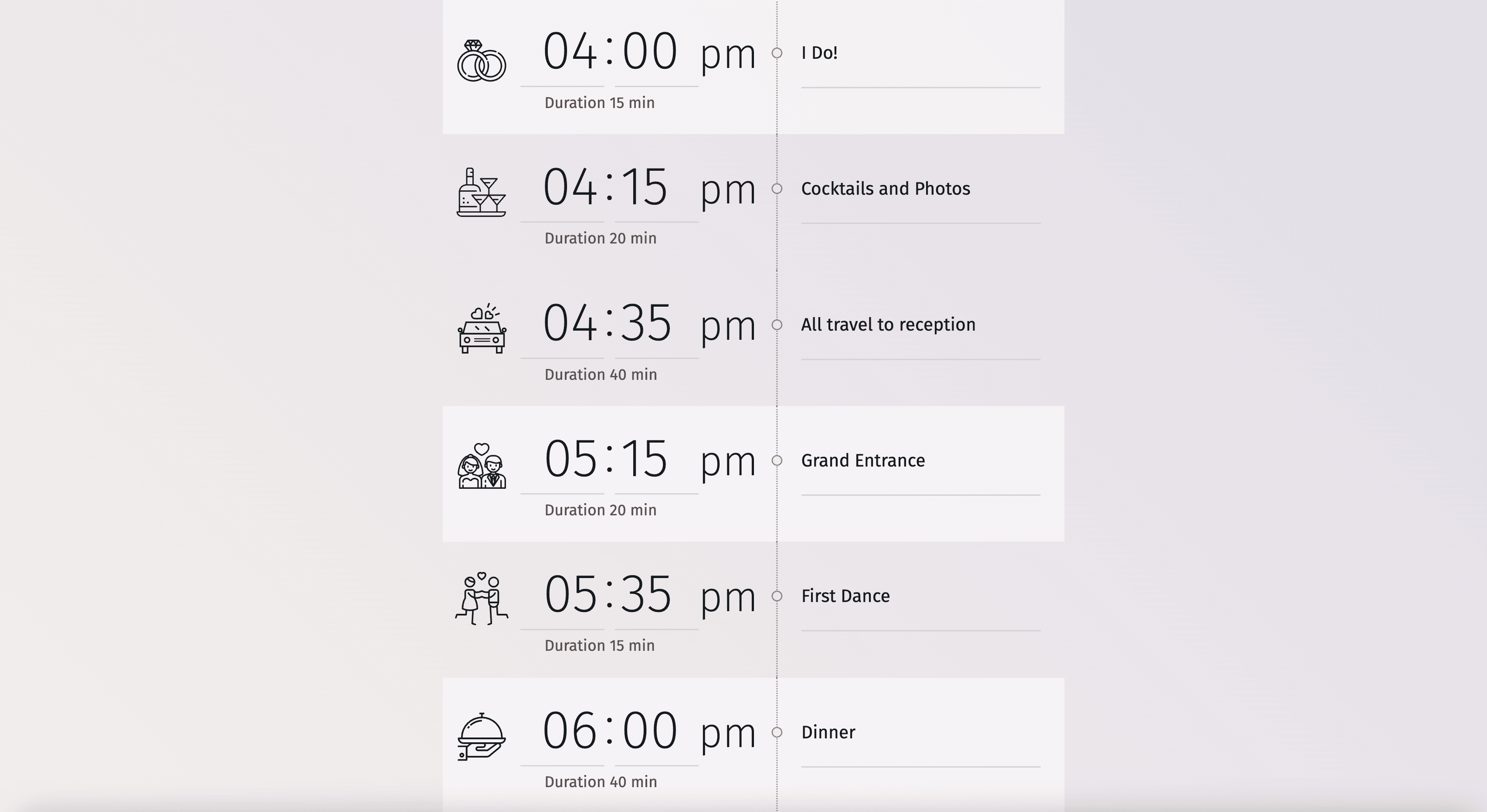 Rappresentazione visiva di un programma completo per il giorno del matrimonio, compresi gli eventi della cerimonia e del ricevimento.