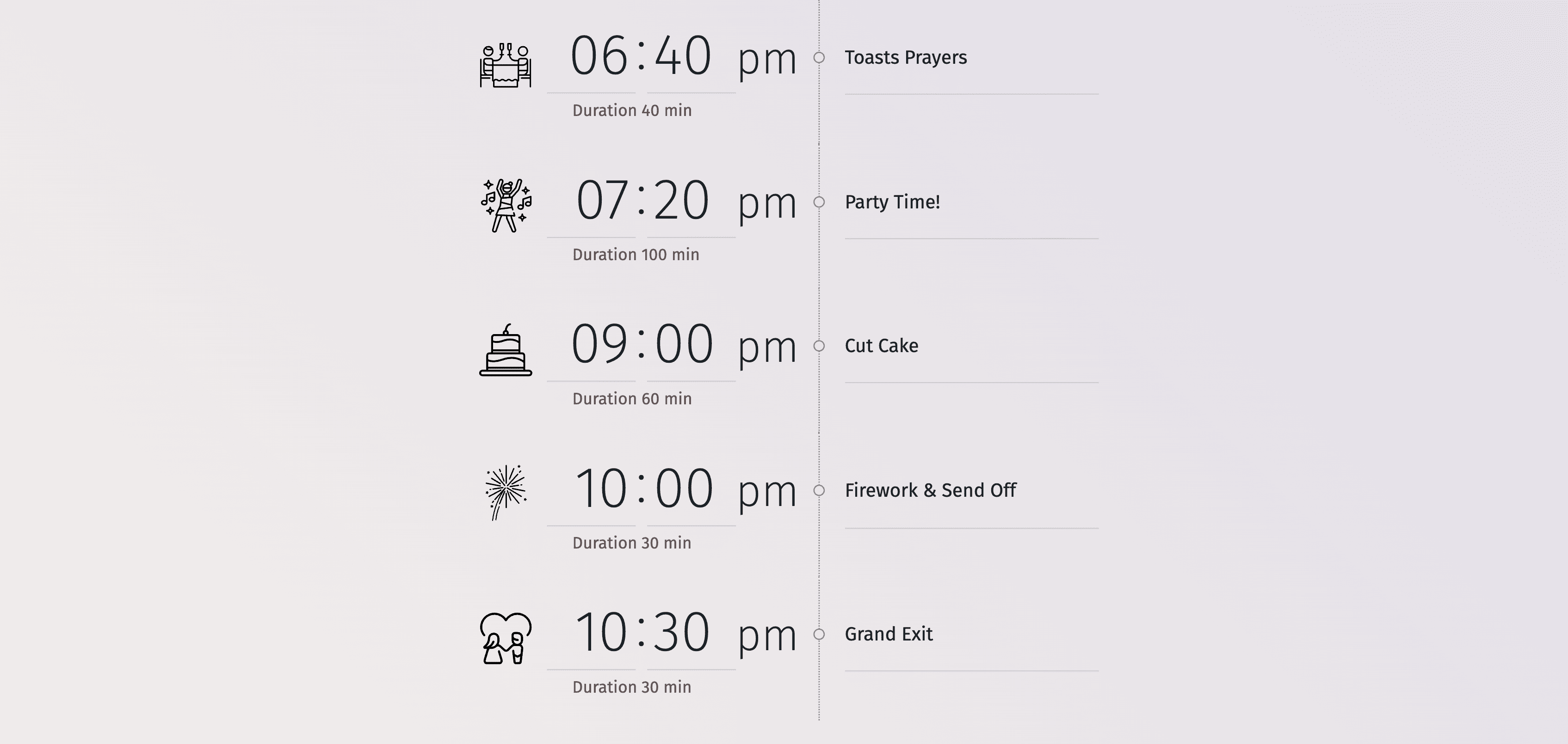 Illustrazione di una timeline del giorno del matrimonio con slot per eventi personalizzabili