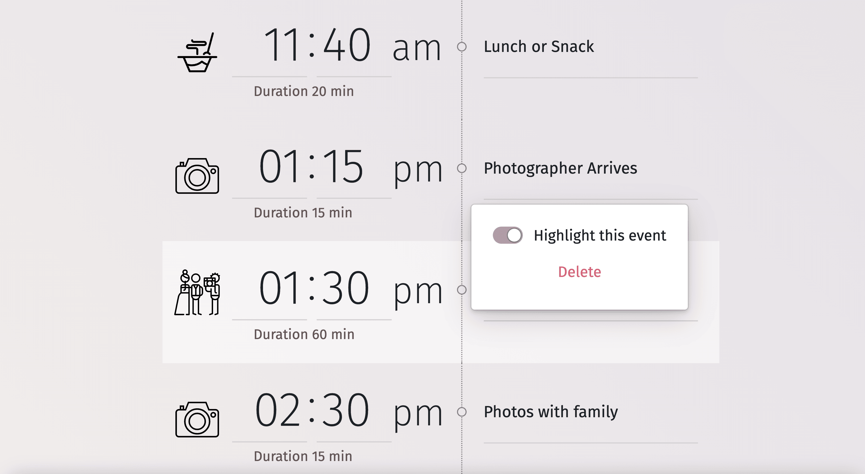 Interaktívny nástroj časovej osi svadobného dňa, ktorý zobrazuje rôzne časy a aktivity