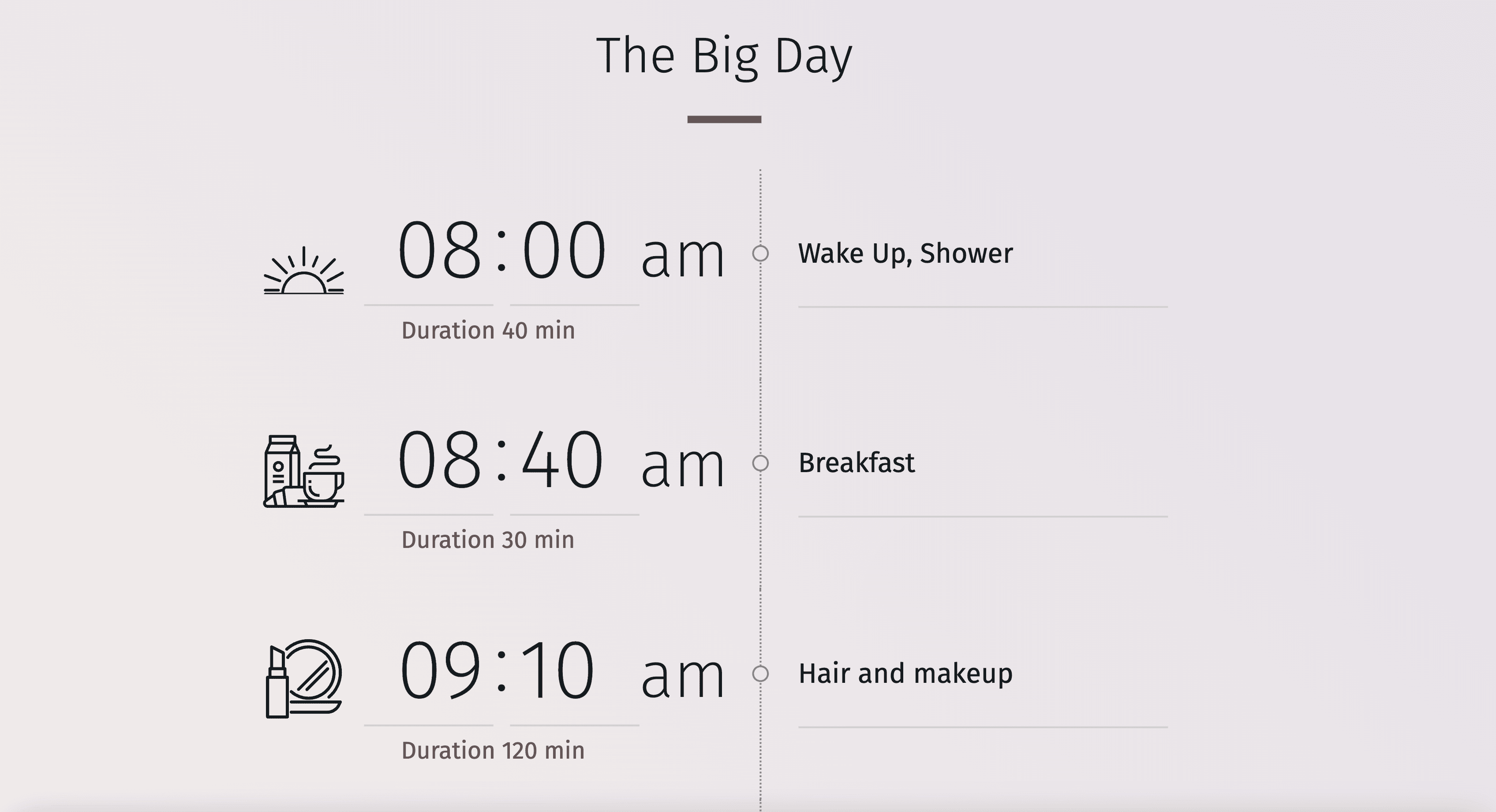 Gráfico que ilustra el calendario típico de una boda, desde los preparativos de la mañana hasta las celebraciones de la noche.