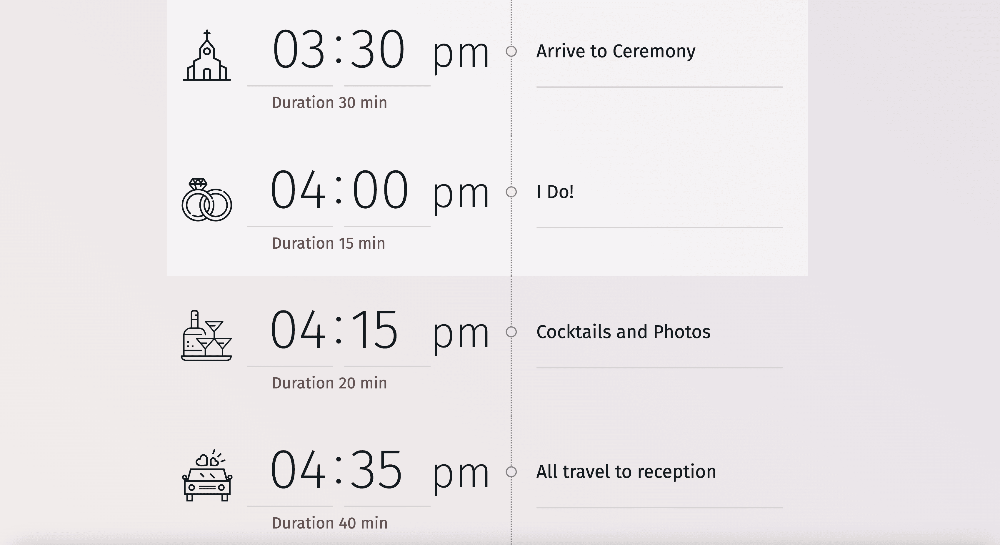 Calendário normal do dia do casamento apresentado num formato de cronologia.