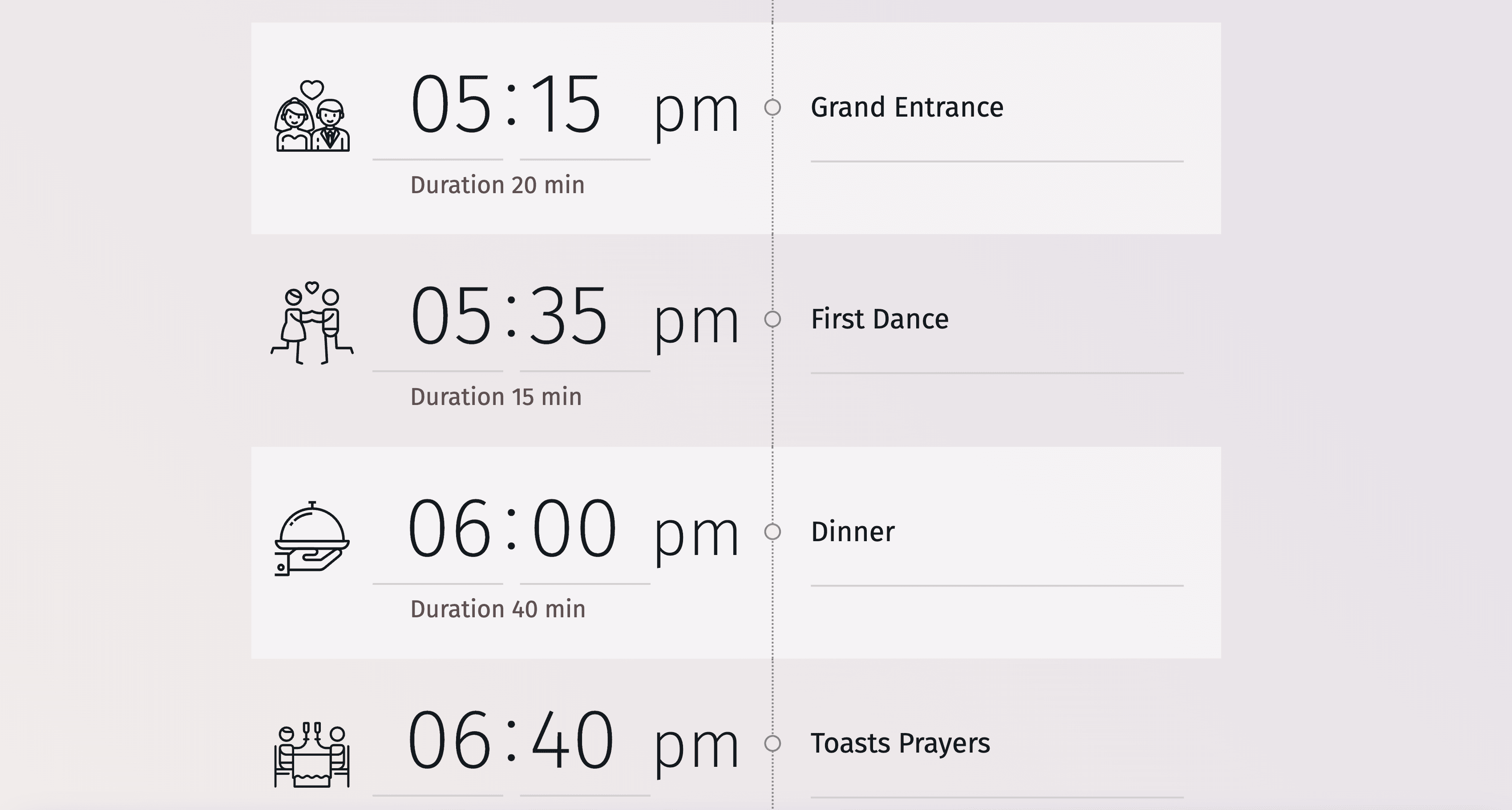 Visual representation of a common wedding day sequence including ceremony and reception events.