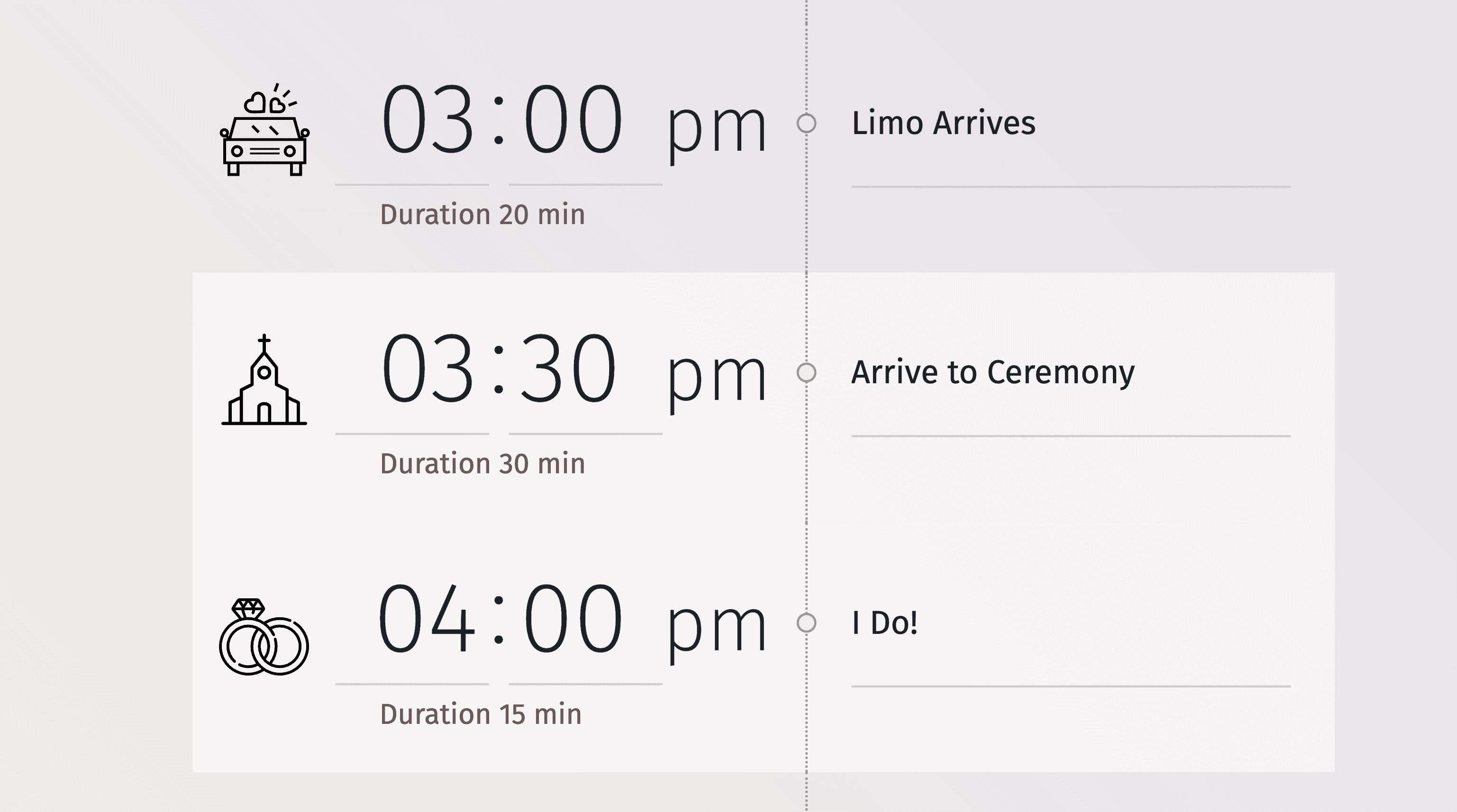 Guia visual para o fluxo de um dia de casamento, incluindo as fases de preparação, cerimónia e celebração.