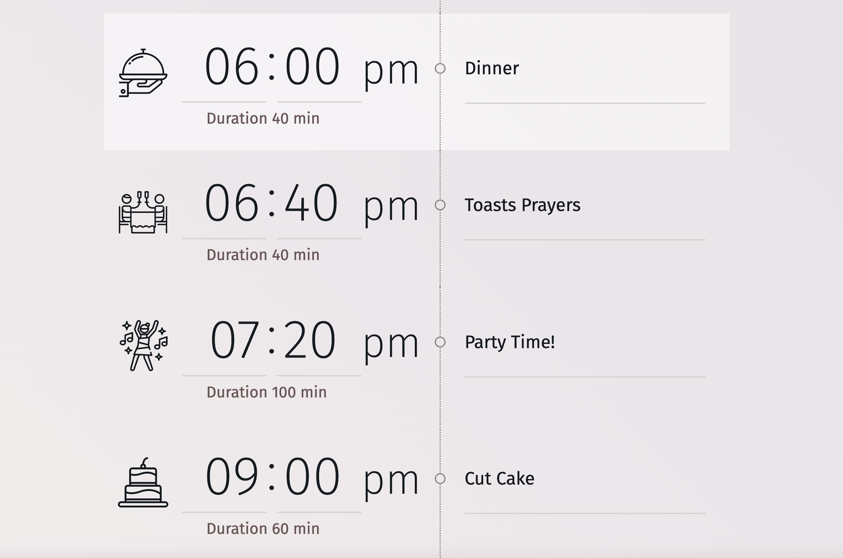 Representación gráfica de una línea de tiempo del día de la boda con espacios para eventos personalizables.