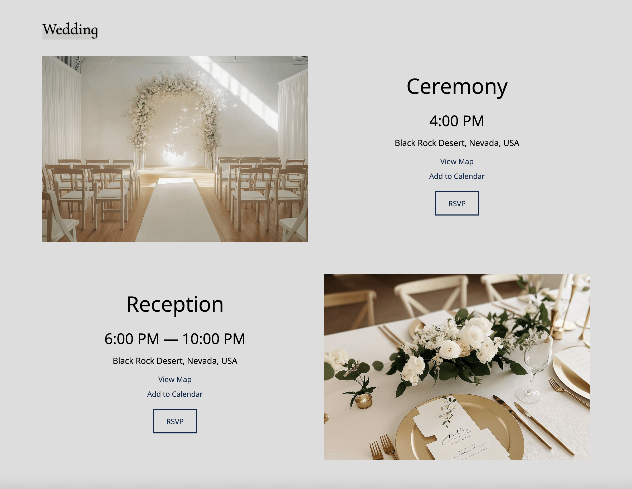 A graphic presenting wedding details—such as the date, time, and venues for both ceremony and reception—in a clear, well-structured format