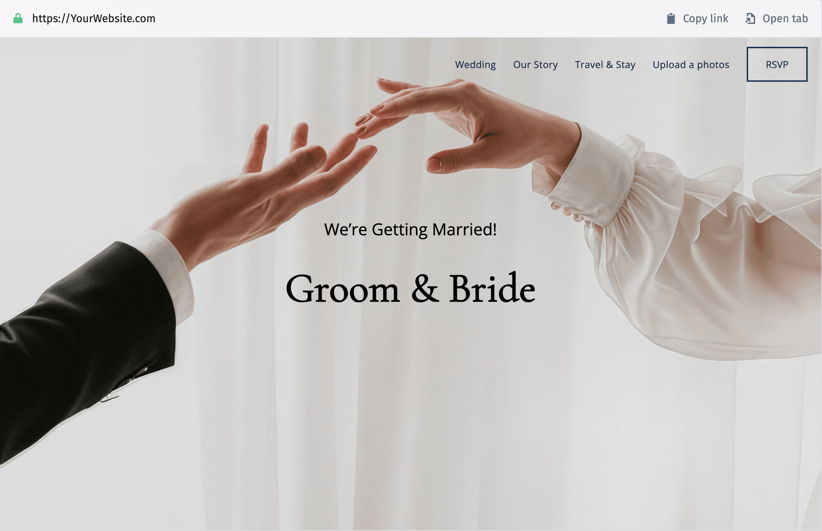 Représentation d'un en-tête de site web de mariage, mettant en valeur les noms des mariés dans une typographie raffinée et élégante.