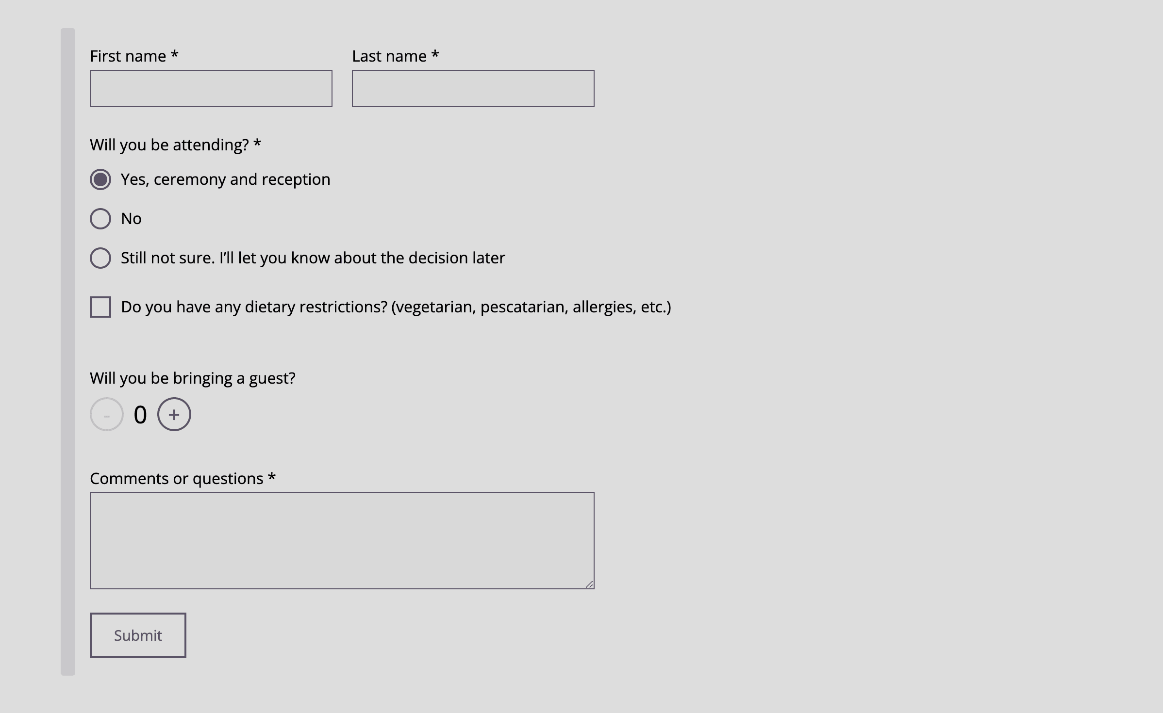 A depiction of an advanced wedding RSVP form, featuring various fields for guest details, attendance confirmations, and additional preferences