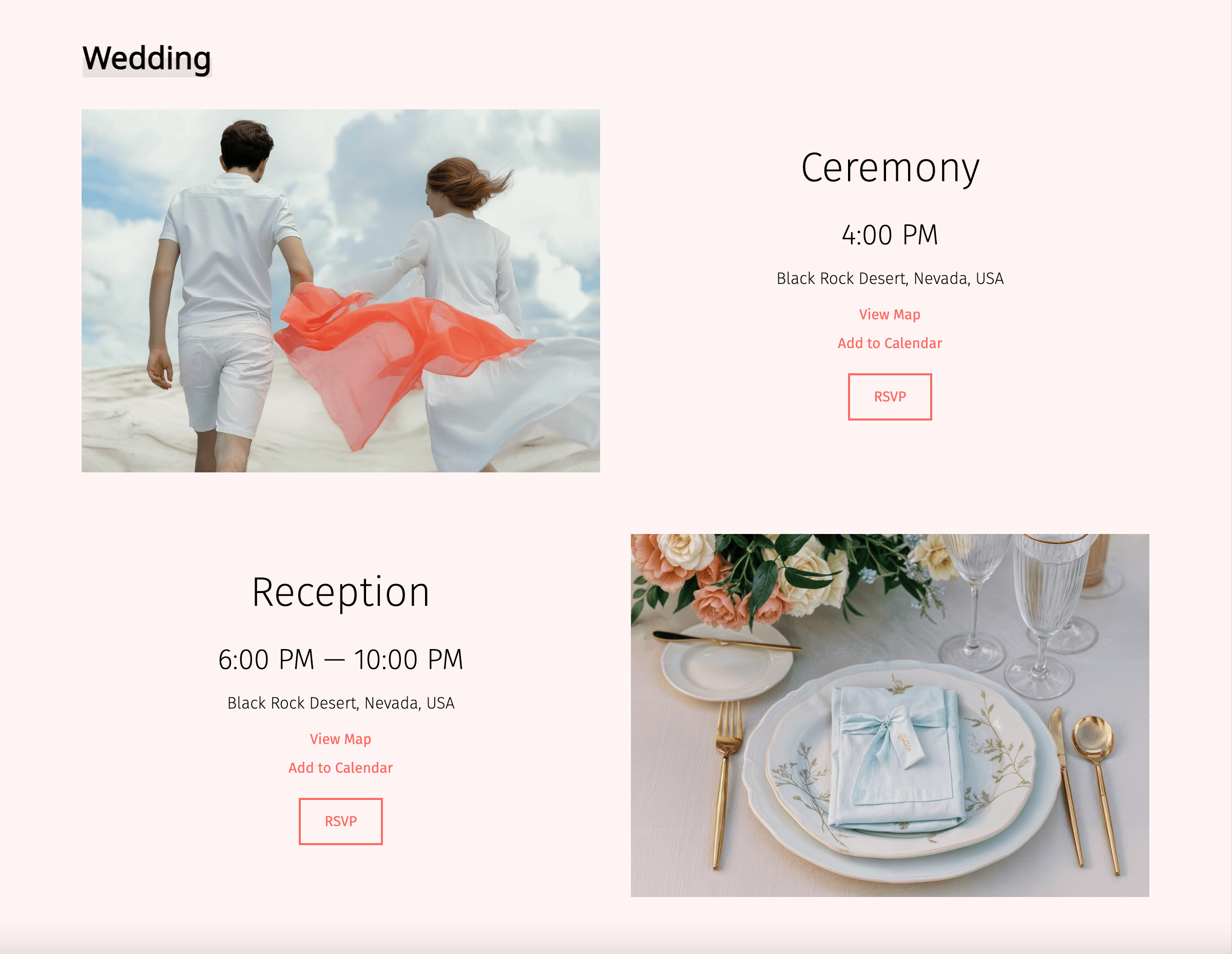 A graphic showcasing wedding details such as the date, time, and both ceremony and reception locations in a clean, organized layout