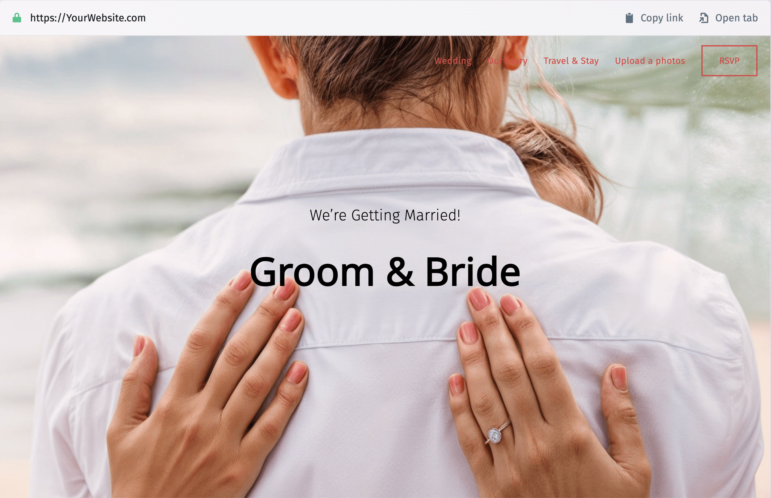 A visual of a wedding website header, featuring the bride’s and groom’s names in elegant, stylish typography