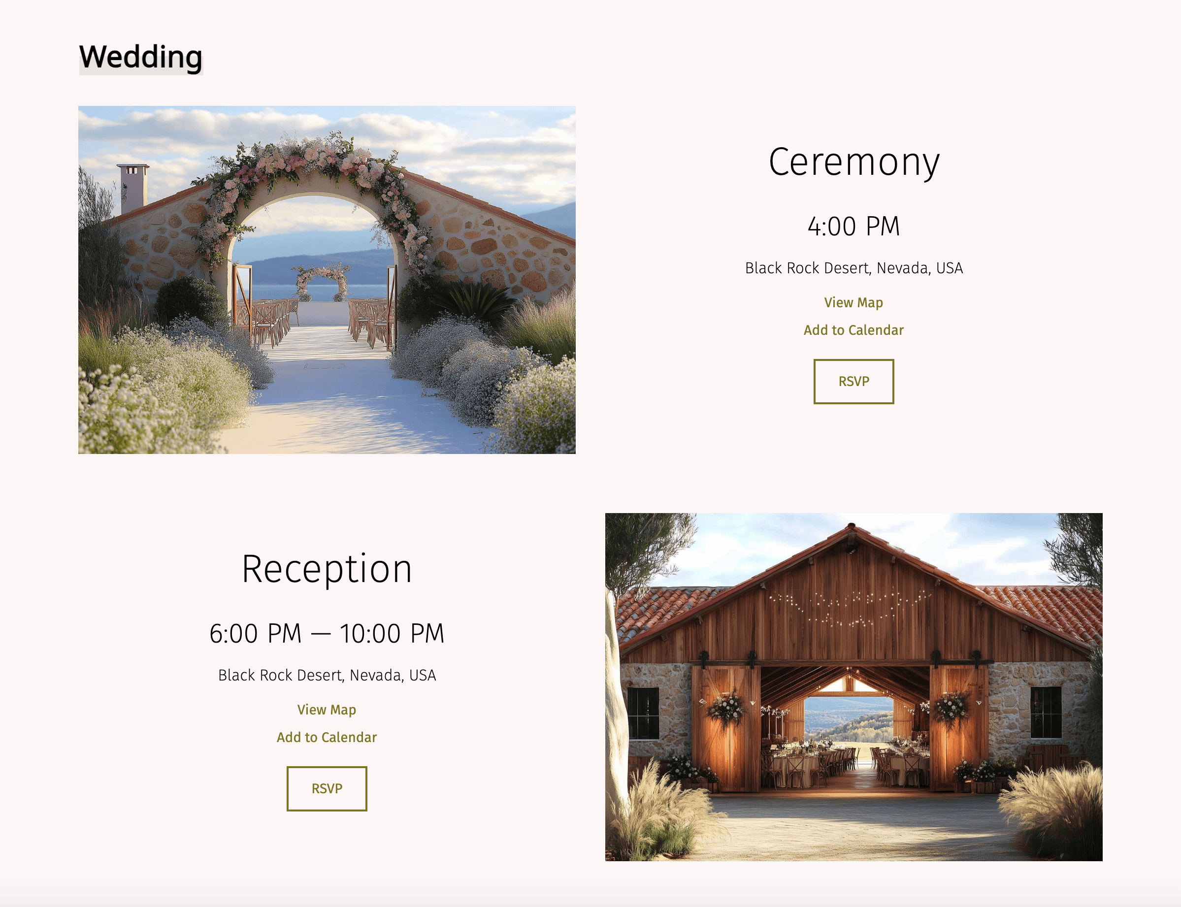 A graphic presenting essential wedding details—such as the date, time, and both ceremony and reception venues—in a tidy, organized format