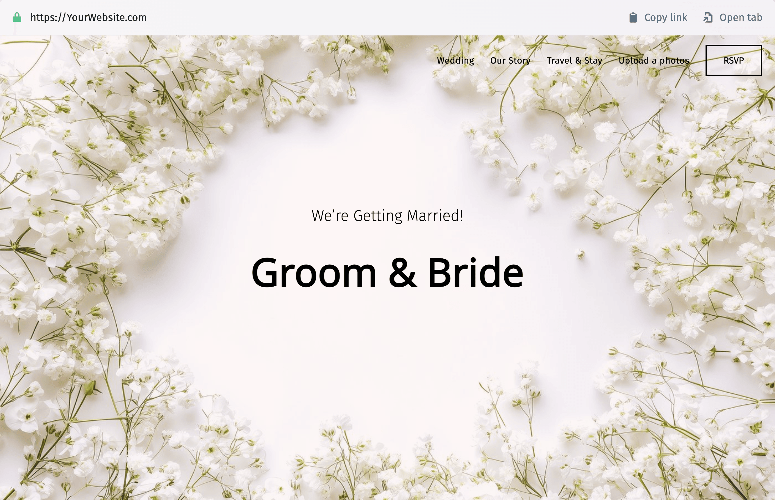 Een afbeelding van een header van een trouwwebsite, met de namen van de bruid en bruidegom in een elegant, stijlvol lettertype.