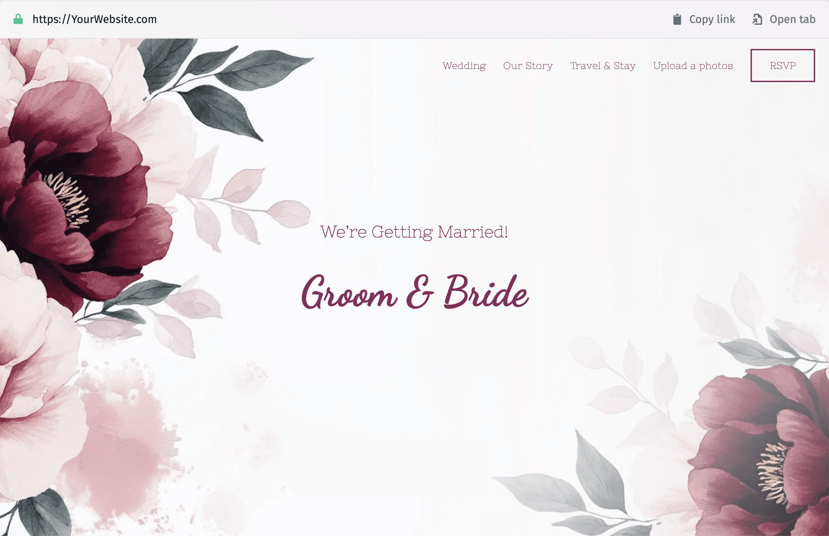 An image showing a wedding website header, with the bride and groom's names displayed in an elegant, stylish typeface