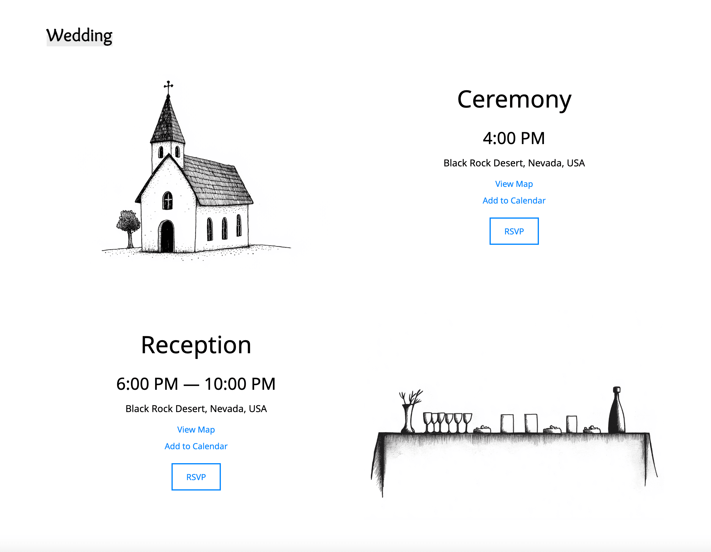 Een afbeelding met details van de bruiloft, zoals de datum, het tijdstip en de locatie van de ceremonie en receptie, in een duidelijke, overzichtelijke indeling