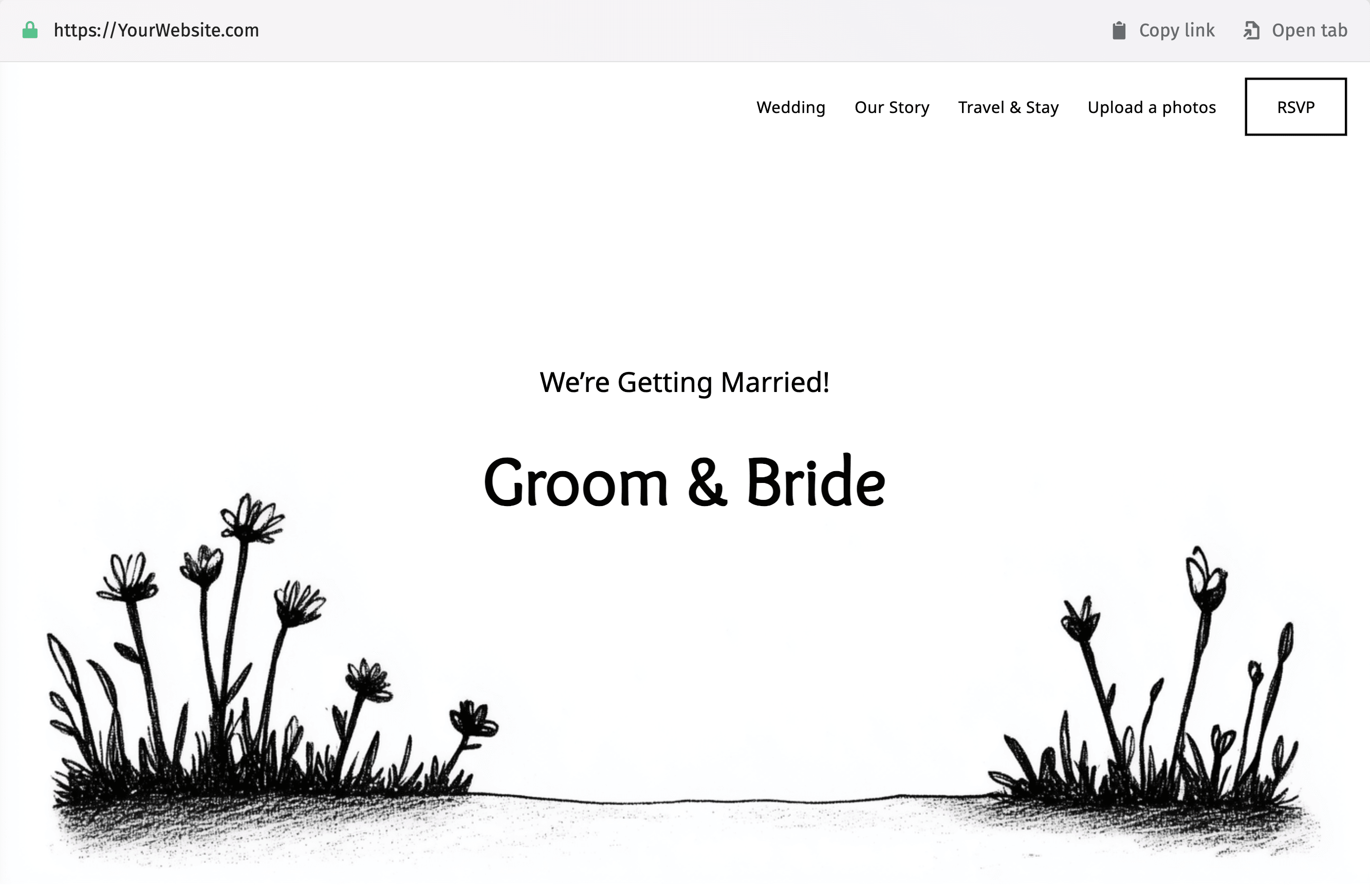 Ein Bild einer Hochzeits-Website mit den Namen von Braut und Bräutigam in eleganter, stilvoller Typografie