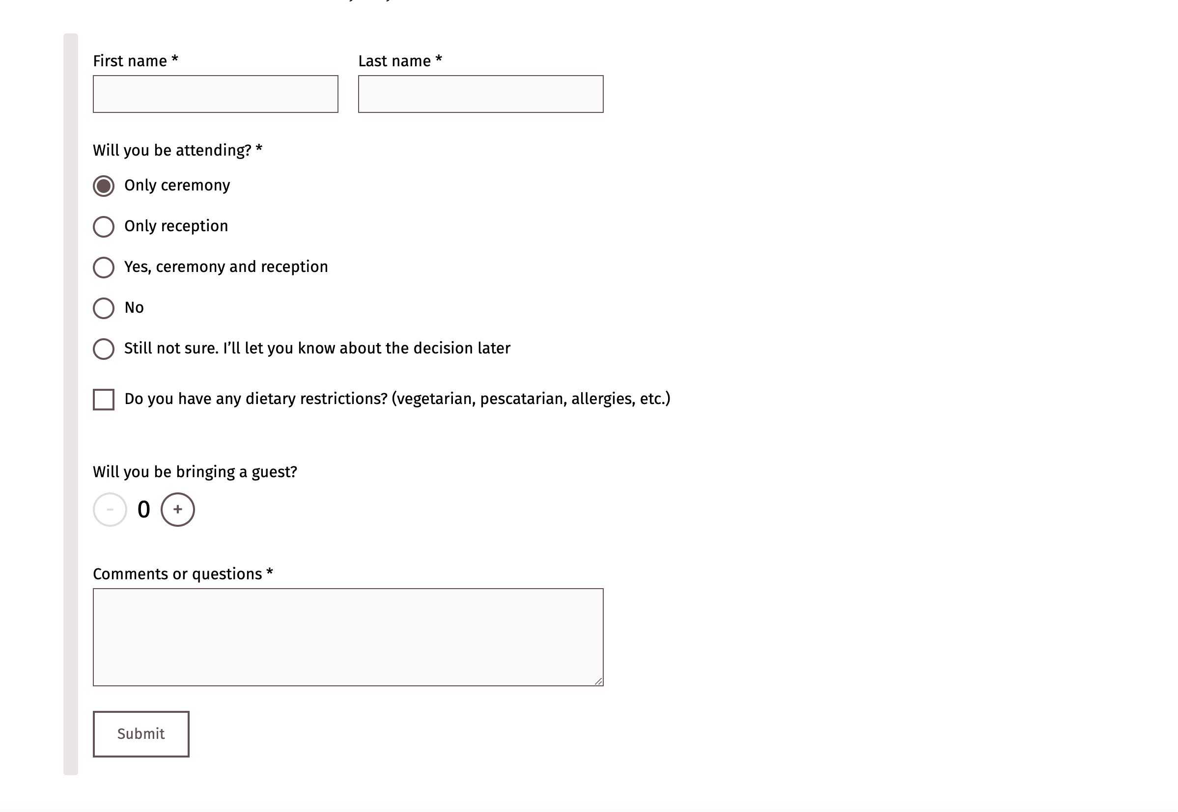 Immagine che mostra un modulo RSVP di matrimonio avanzato con più campi di inserimento per i dettagli degli ospiti, le opzioni di partecipazione e le preferenze aggiuntive.