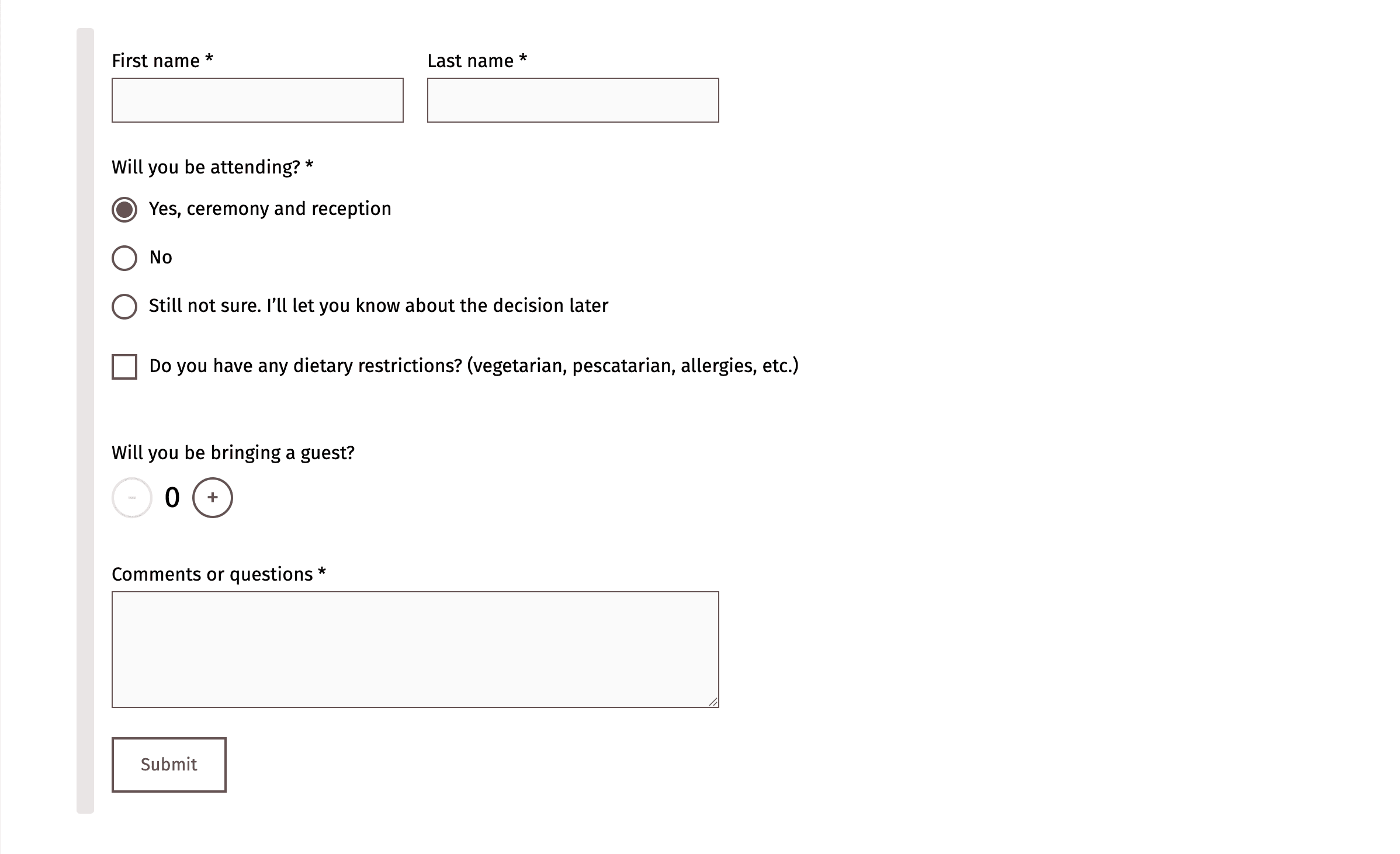 Screenshot van een RSVP-formulier voor een bruiloft met gelabelde velden voor 'Voornaam' en 'Achternaam'. Het bevat keuzerondjes voor aanwezigheid (Ja, Nee of Weet niet zeker), een selectievakje voor dieetbeperkingen en een optie voor het aantal gasten. Een groot tekstvak voor opmerkingen of vragen is zichtbaar, gevolgd door een knop 'Verzenden' onderaan.