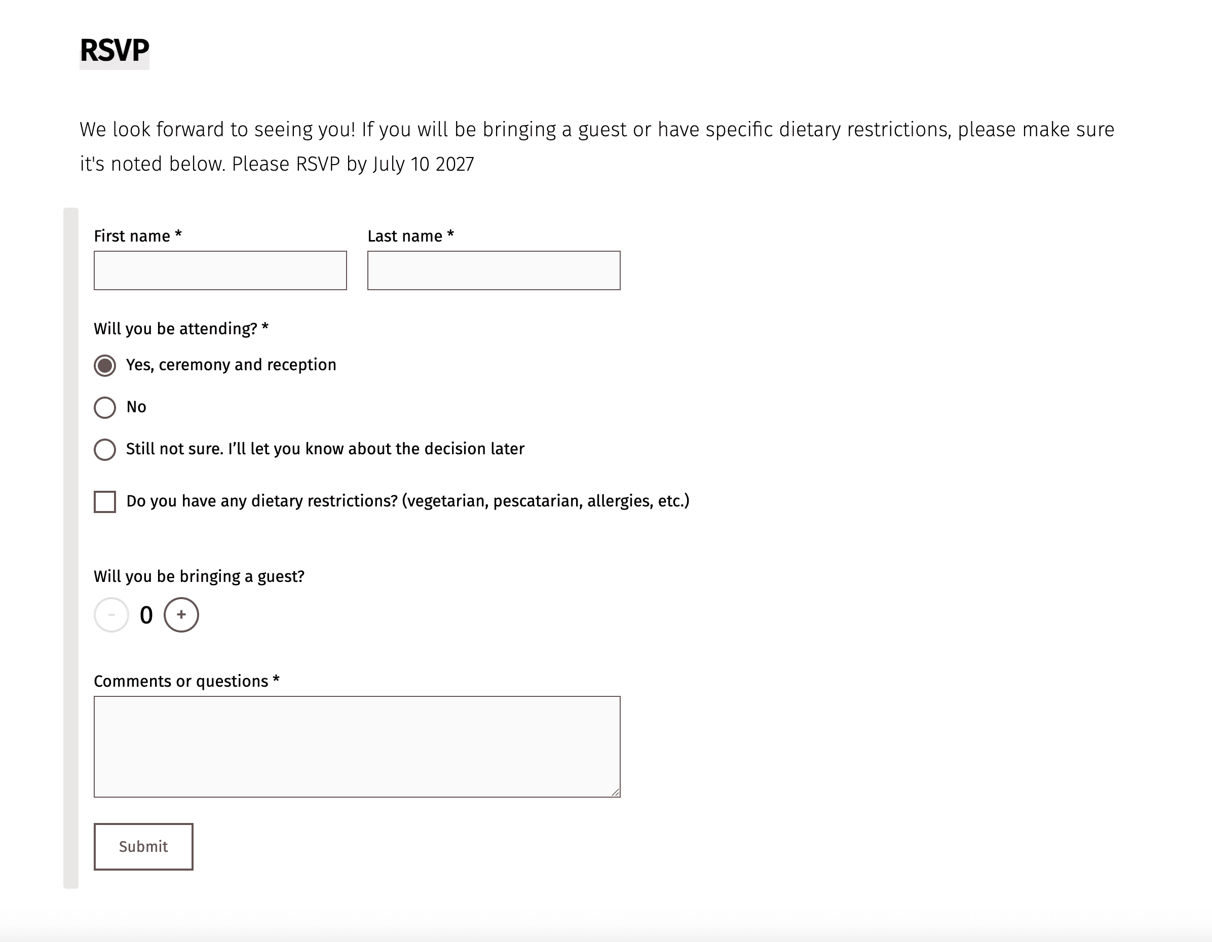 Zrzut ekranu ślubnego formularza RSVP z polami dla imion i nazwisk oraz przyciskami radiowymi dla obecności (Tak, Nie, Nie jestem pewien). Pole wyboru obejmuje ograniczenia dietetyczne, a dla gości dostępne jest pole numeryczne. Nad przyciskiem "Wyślij" znajduje się duże pole tekstowe z napisem "Komentarze lub pytania". Notatka na górze strony zachęca gości do RSVP do 10 lipca.