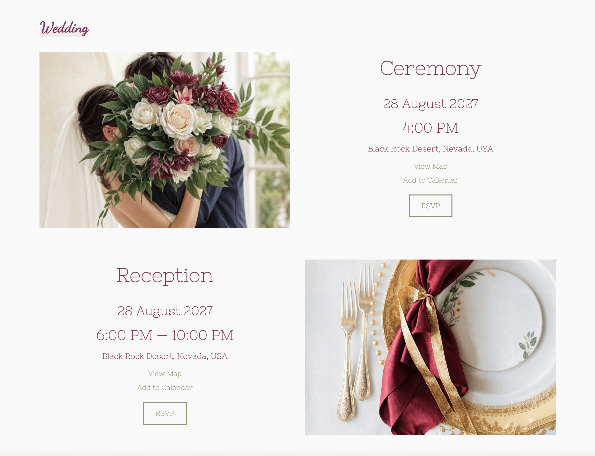 Captura de pantalla de una página de detalles de boda titulada 'Boda'. A la izquierda aparece una pareja sosteniendo un gran ramo. A la derecha, la ceremonia del 28 de agosto a las 16:00 en Black Rock Desert, Nevada. Abajo, la información de la recepción de 18:00 a 22:00 en el mismo lugar se muestra junto a una servilleta de color burdeos. Cada sección tiene "Ver mapa", "Añadir al calendario" y "RSVP".