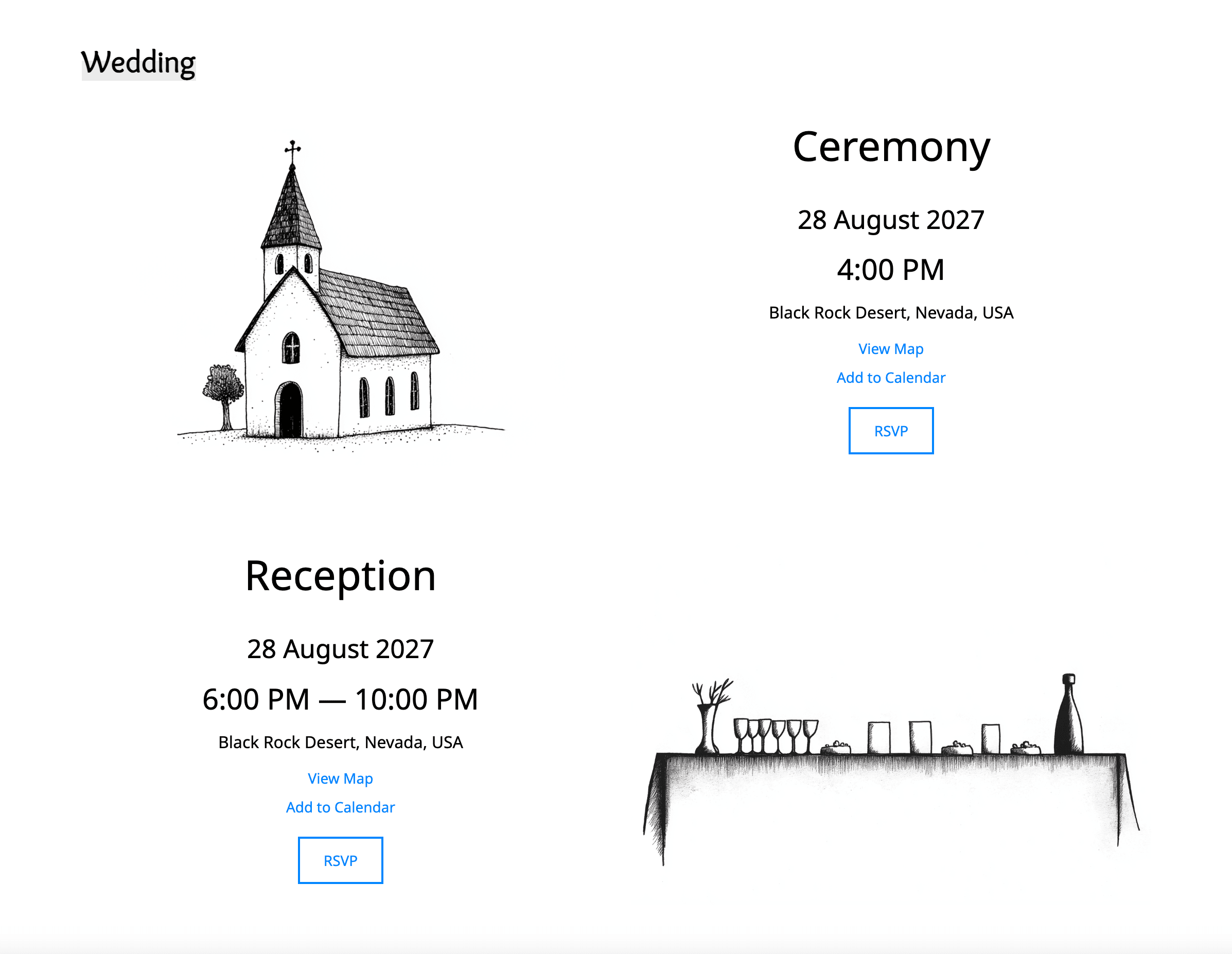 Pillanatkép egy "Esküvő" részleteket tartalmazó oldalról fekete-fehér vázlatokban. Egy kis templomi kép az augusztus 28-án 16:00 órakor a nevadai Black Rock Desertben tartott szertartást, míg egy asztali sziluett a 18:00 órától 22:00 óráig tartó fogadást jelképezi. Mindkét részen szerepelnek a "Térkép megtekintése", a "Naptárhoz hozzáadás" és az "RSVP" lehetőségek a vendégek számára.