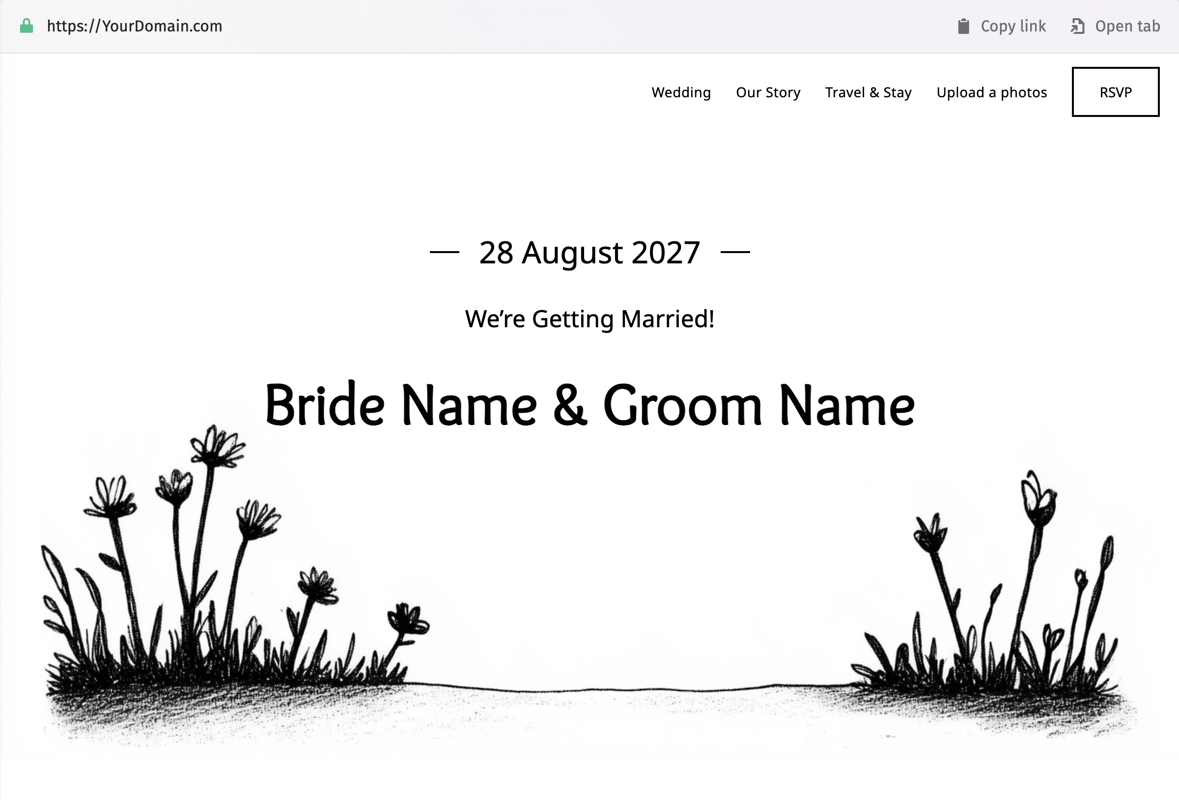 Pillanatkép egy fekete-fehér esküvői honlapról. Az alján virágok sziluettje látható, középen pedig a következő szöveg: "Augusztus 28.", "Összeházasodunk!" és "Menyasszony neve és vőlegény neve". A felső menüben az 'Esküvő', 'Történetünk', 'Utazás és tartózkodás', 'Fotók feltöltése' és 'RSVP', valamint a domain név, továbbá a 'Link másolása' és a 'Lap megnyitása' gombok találhatók.