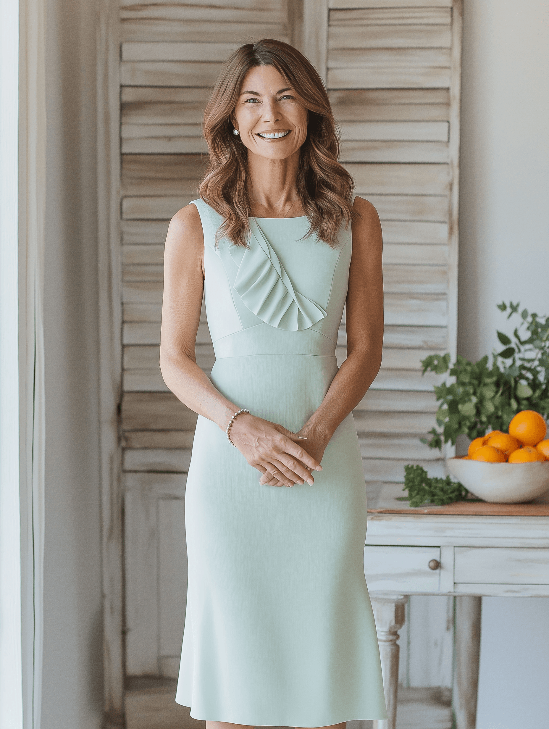 En kvinne står innendørs iført en lys mintgrønn, ermeløs kjole med figursydd silhuett og plisserte detaljer på overdelen. Hun smiler varmt, med hendene foldet foran seg. Omgivelsene er lyse og luftige, og bak henne står et bord med en skål med appelsiner og grønne planter.