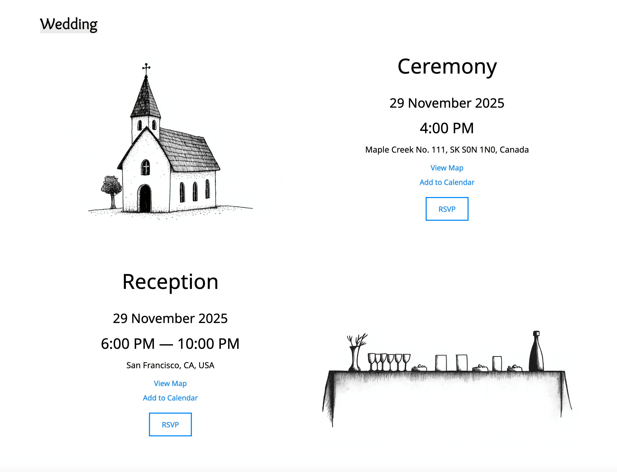A detailed view of an RSVP template designed for wedding websites, highlighting clean lines, intuitive navigation, and streamlined guest response sections.