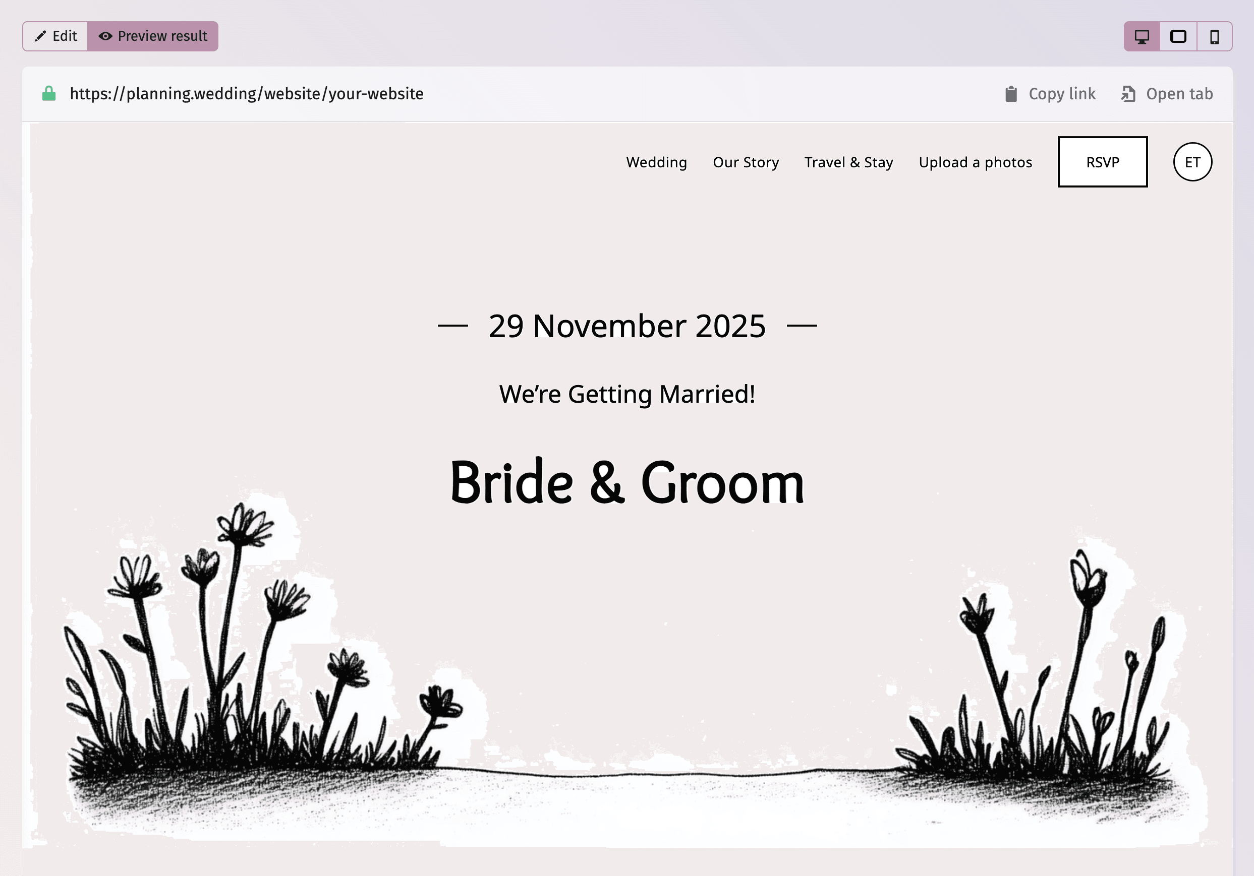 A stylish RSVP template layout for a wedding website, displaying a clear form interface with inviting input fields and decorative accents that align with a modern wedding theme.