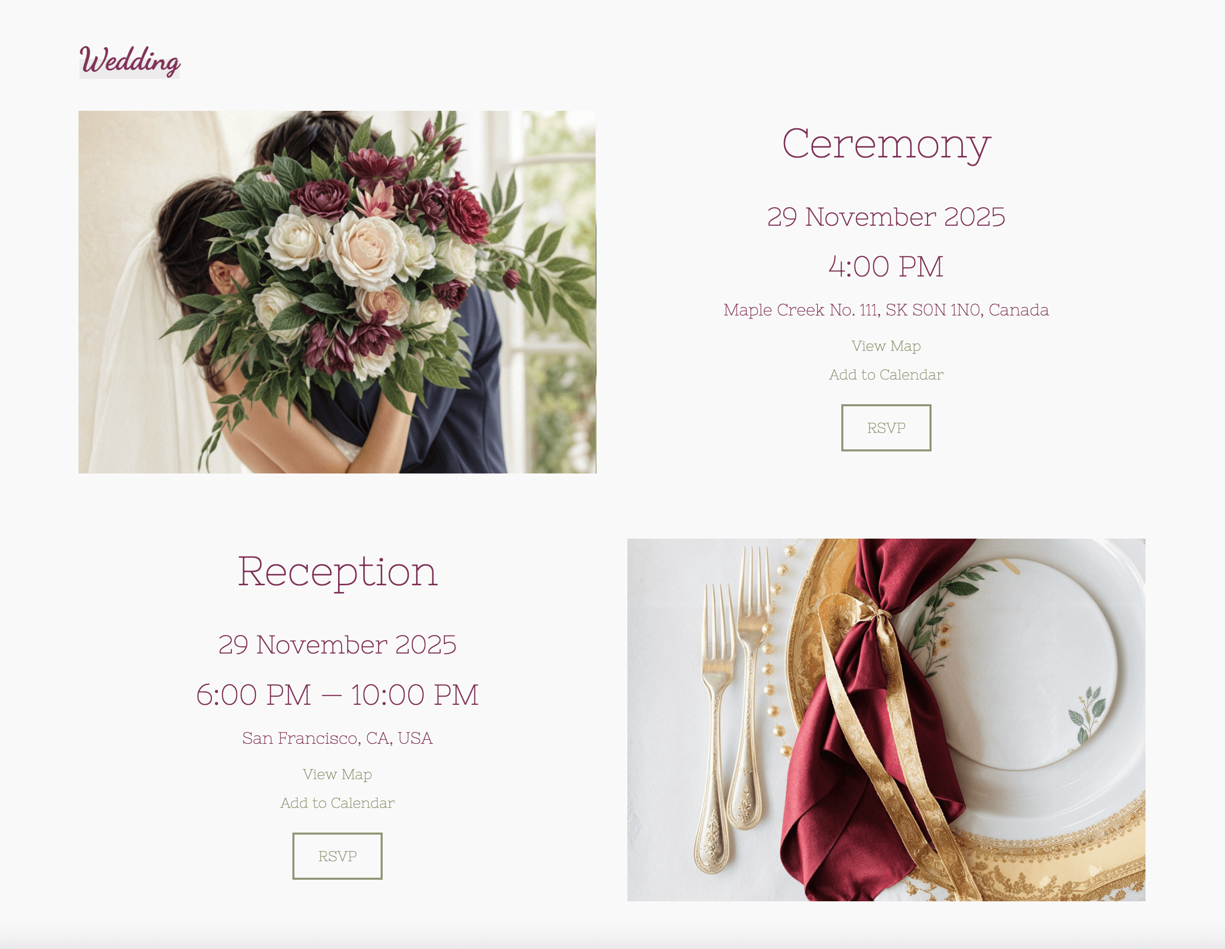 Una vista dettagliata di una sezione del sito web di un matrimonio in cui le coppie sono incoraggiate a scrivere la loro storia, con campi di testo interattivi, immagini calde e sottili accenti di design che evocano un tocco personale.