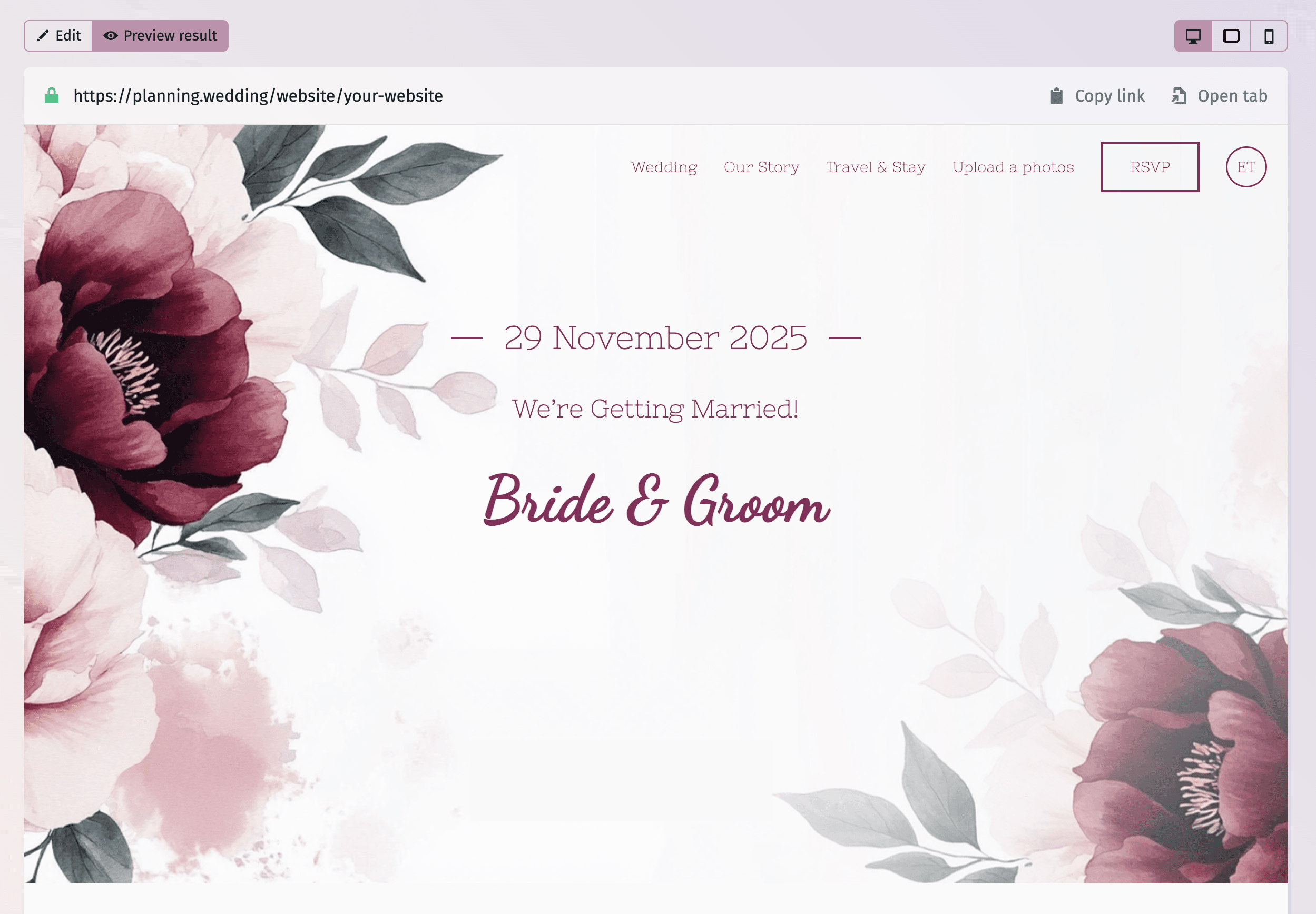 Un'interfaccia pulita e invitante che mostra una call-to-action per "scrivere la storia del vostro sito web di nozze", con una tipografia elegante e una palette di colori tenui che dà un tono romantico.