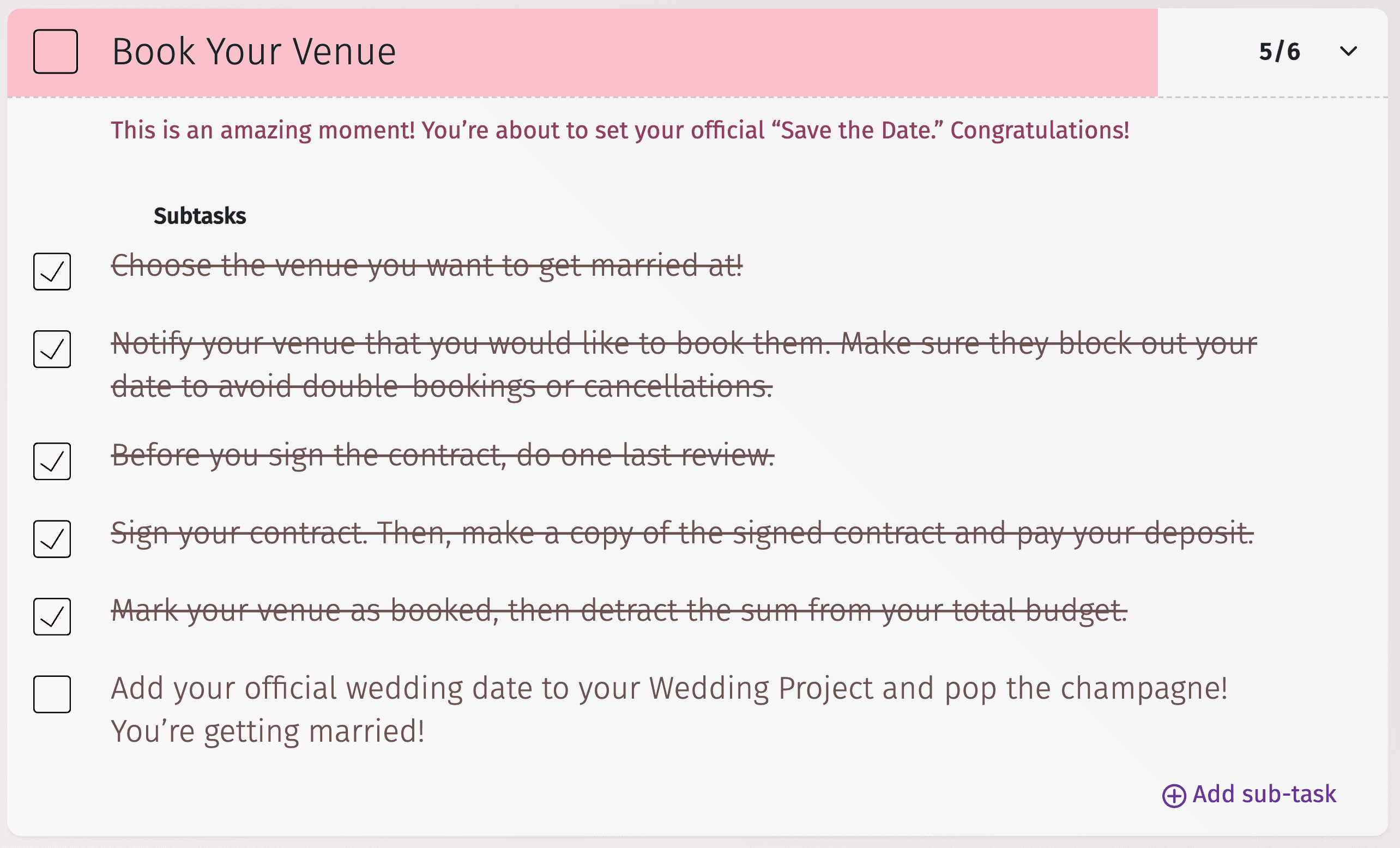 Interface de la liste de contrôle du coordinateur de mariage