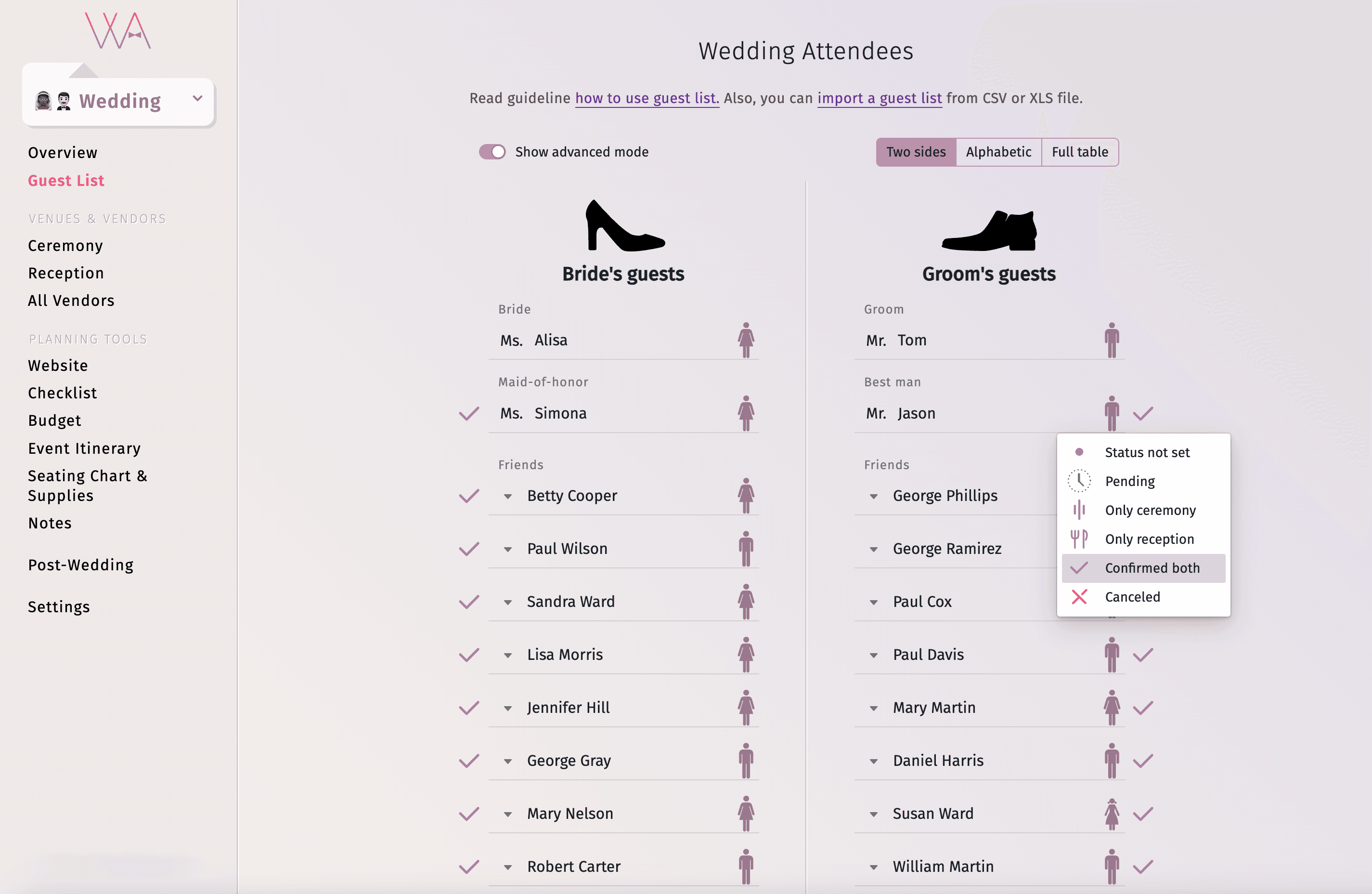 Grafico di analisi comparativa che illustra le funzionalità avanzate del nostro strumento per la lista degli invitati al matrimonio rispetto alle funzionalità di base di Google Sheets.
