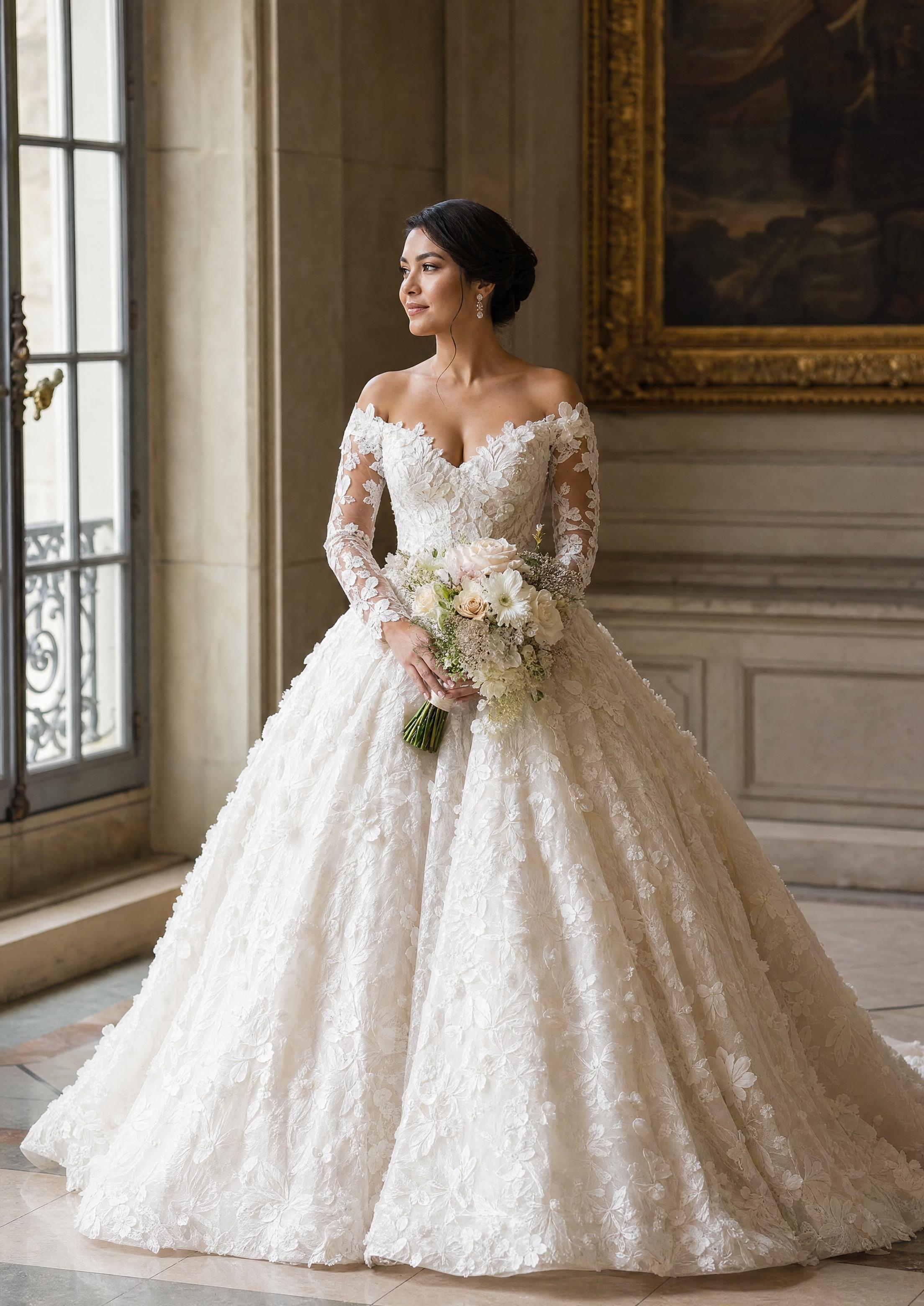 Núvia amb un vestit de princesa de puntes, amb faldilla voluminosa i detallat floral 3D, una silueta dramàtica de conte de fades