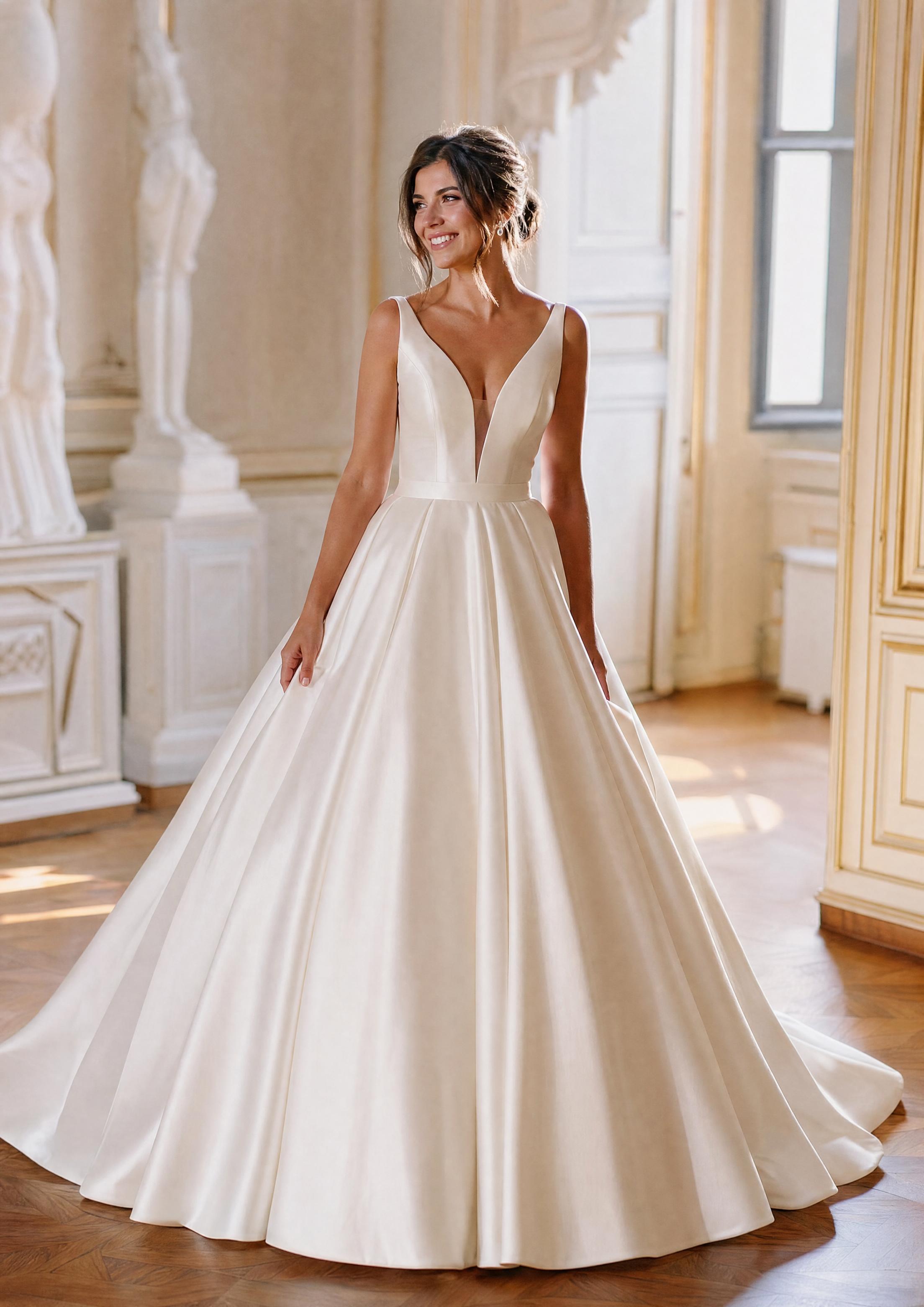 Núvia amb un vestit de princesa de setí amb una faldilla ampla i voluminosa que atrapa la llum, una silueta dramàtica de conte de fades