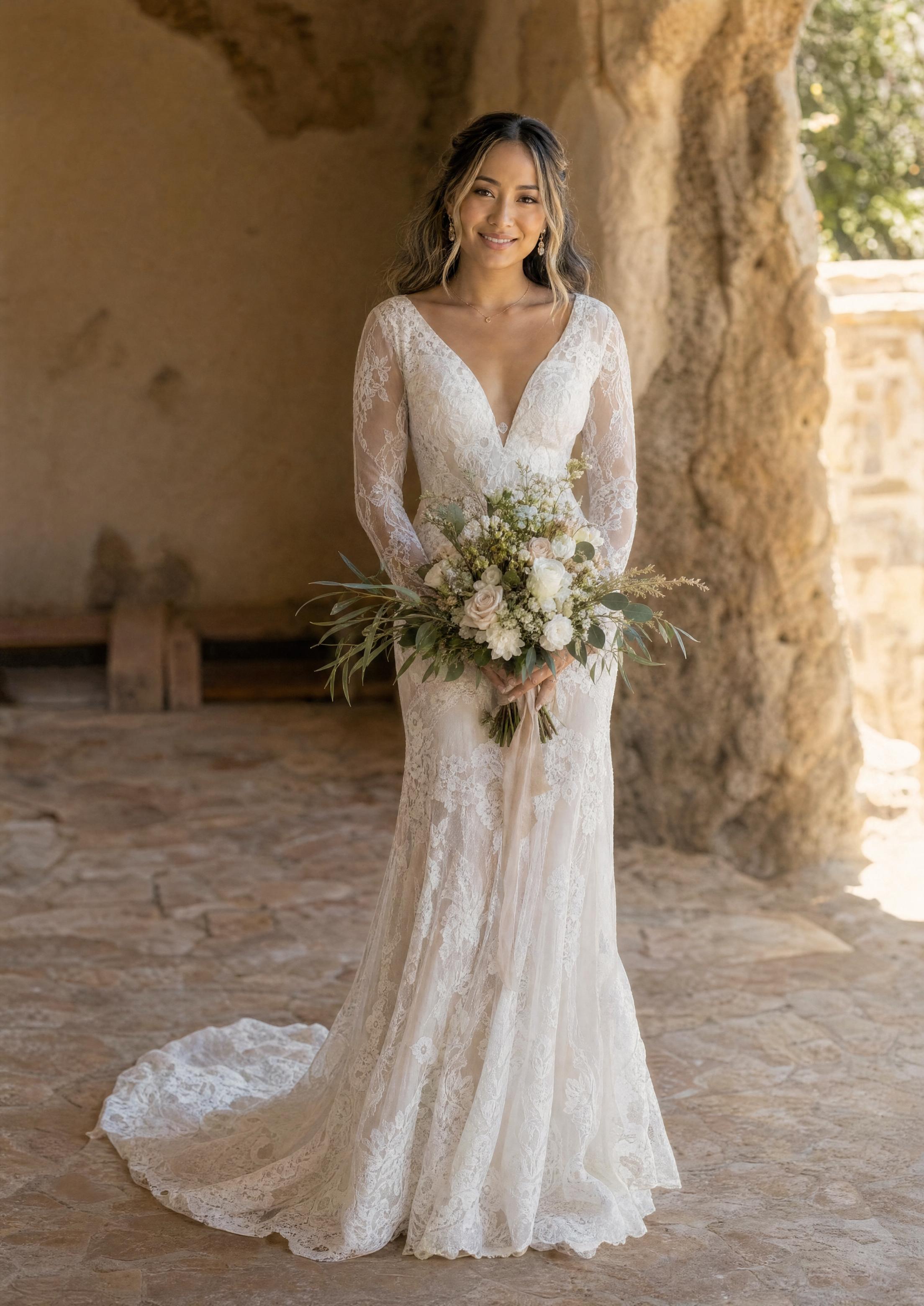Núvia amb un vestit de núvia vintage boho de puntes i màniga llarga, estil romàntic i suau amb llum natural càlida