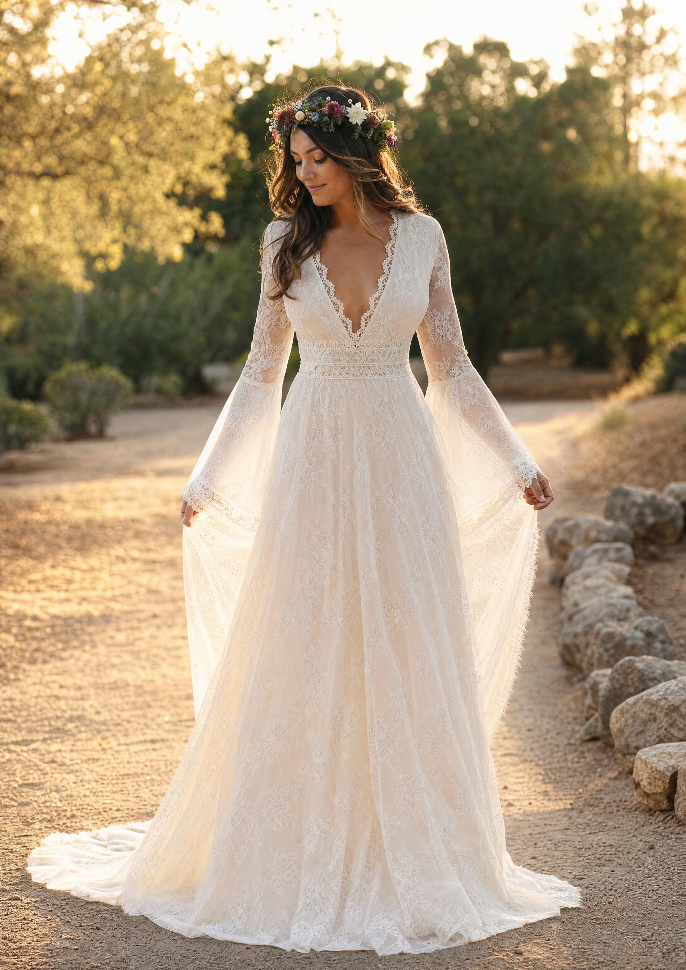 Núvia amb un vestit de núvia boho de puntes fluid, amb mànigues acampanades i corona de flors, cabell despentinat i llum exterior daurada de l'hora daurada