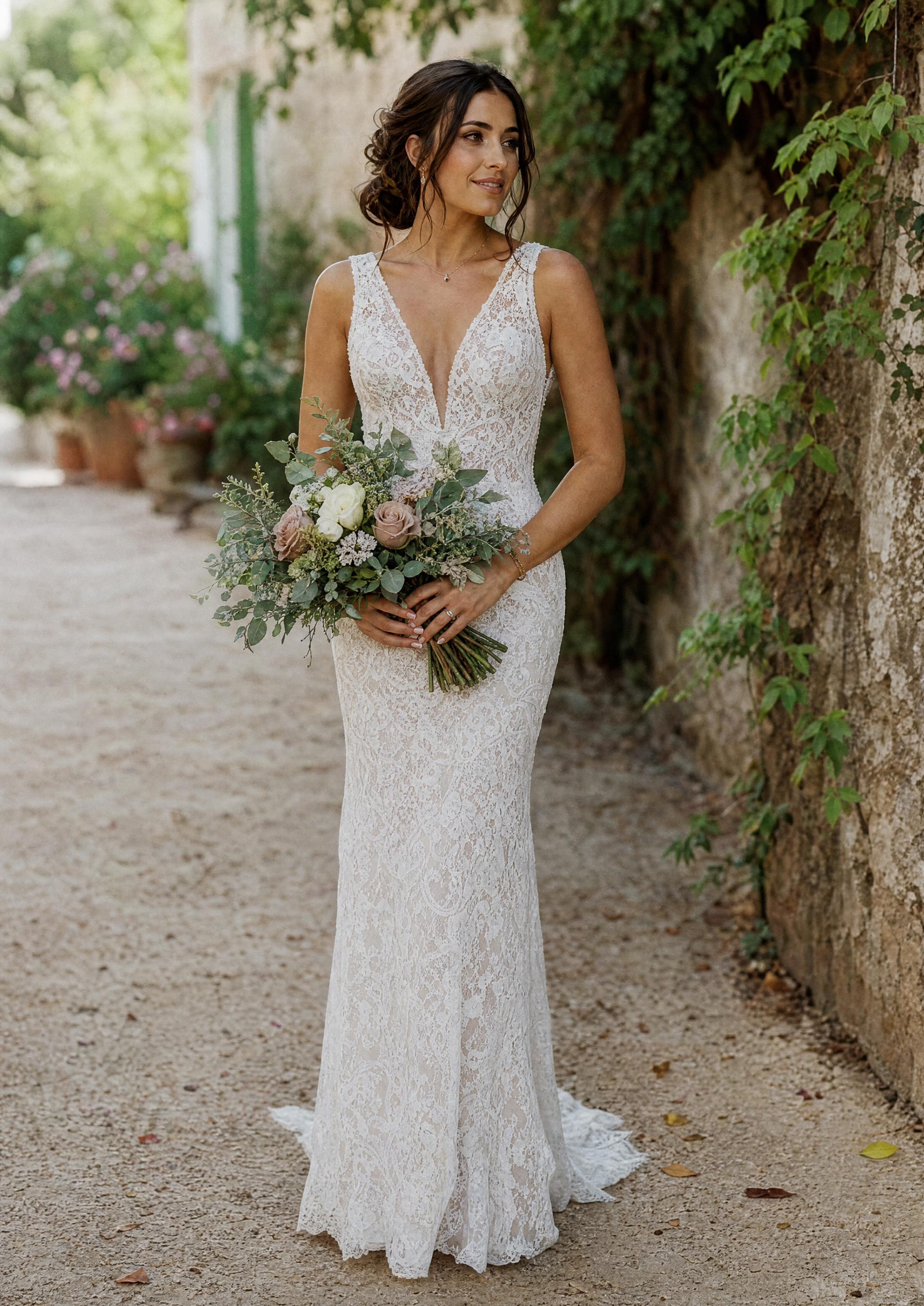 Núvia boho amb un vestit de núvia recte de puntes que segueix el cos, fotografiada a l'aire lliure amb llum natural suau
