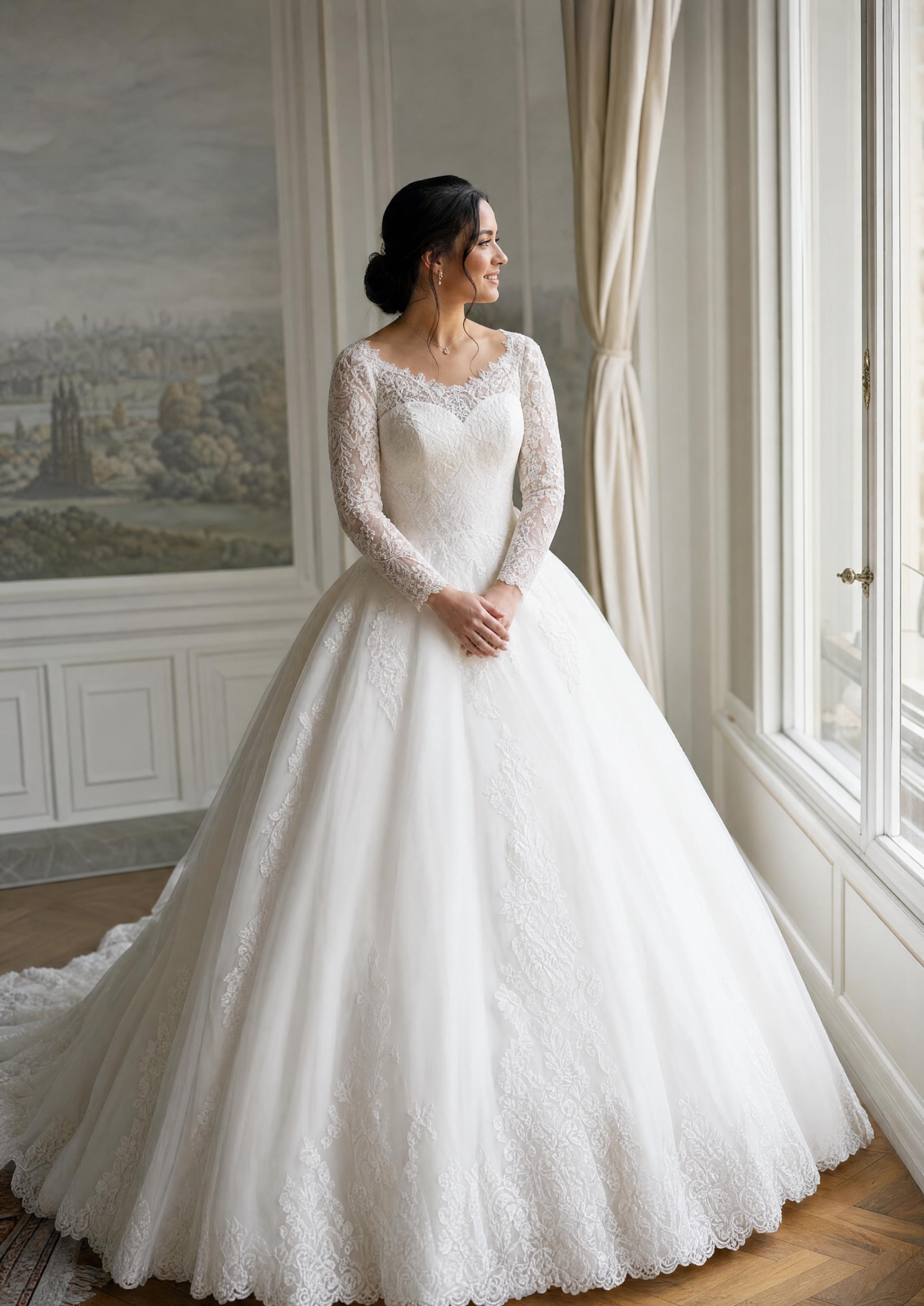 Núvia amb un vestit de núvia discret de princesa amb mànigues de puntes i faldilla ampla, una silueta de conte de fades majestuosa